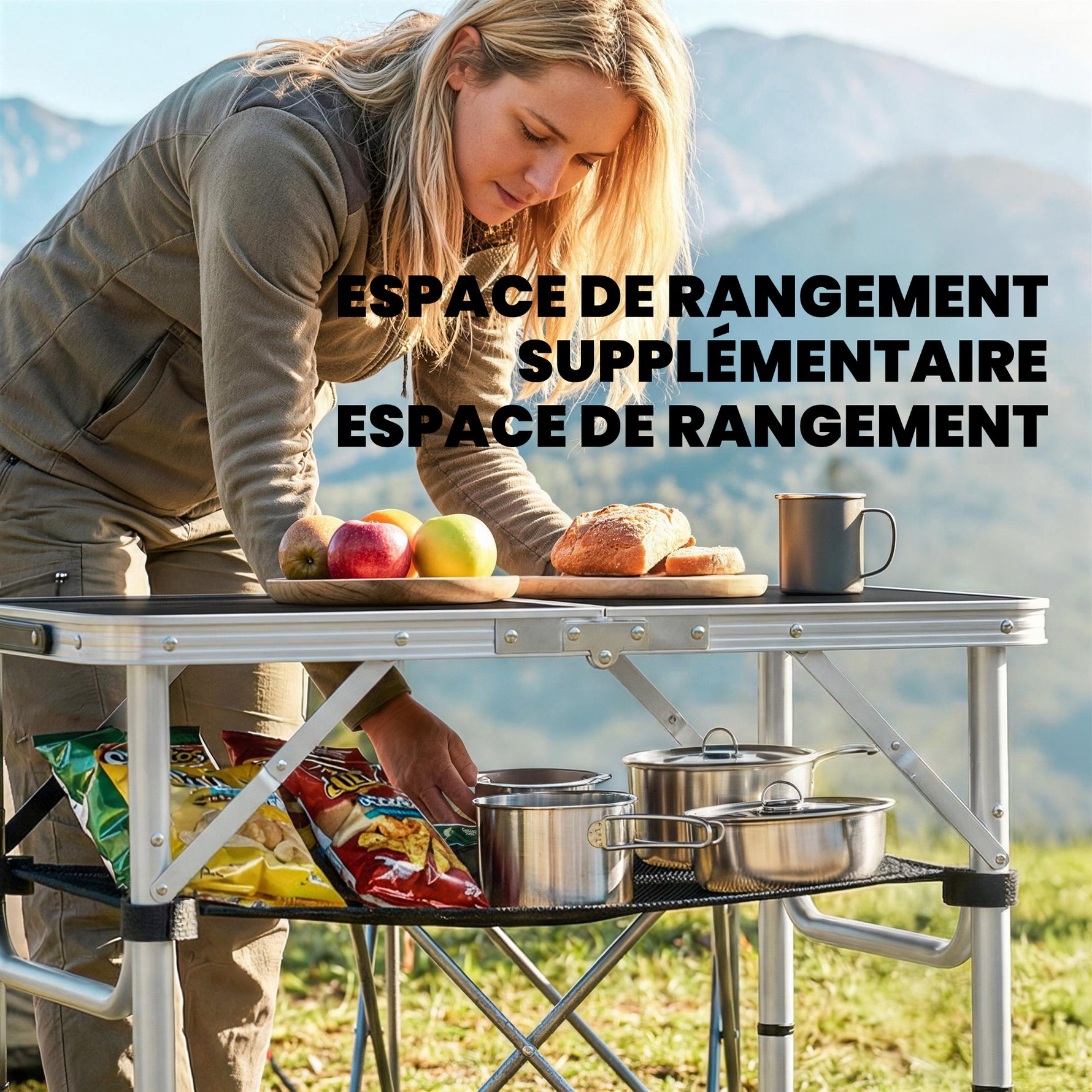 Table pliante aluminium, table de camping pliante, poignée 4 hauteurs réglables avec Rangement 60x40x60cm, blanc