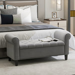 Banc de rangement bout de lit avec accoudoirs, tissu effet velours rembourré et capitonné, 126 x 48,5 x 57 cm, gris