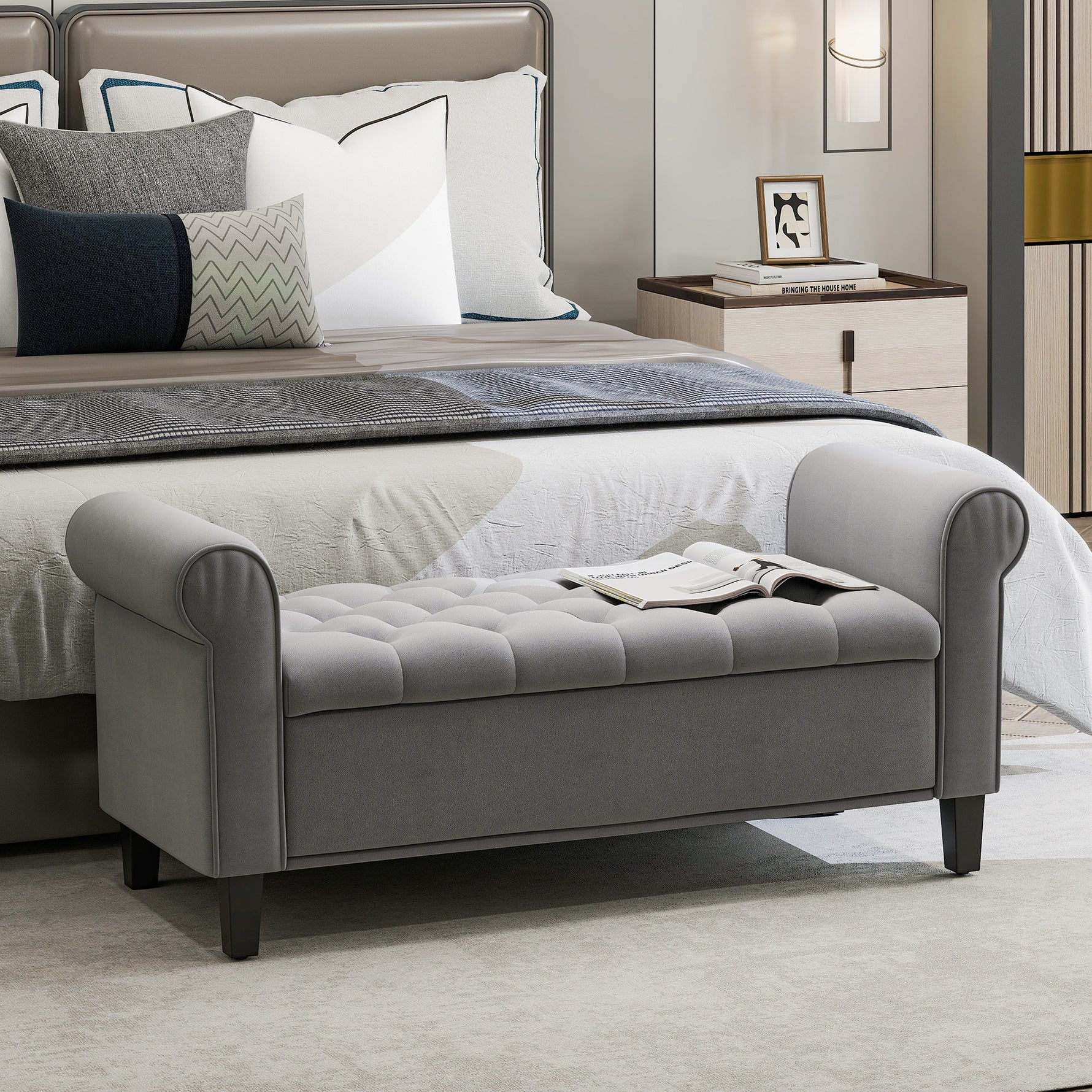 Banc de rangement bout de lit avec accoudoirs, tissu effet velours rembourré et capitonné, 126 x 48,5 x 57 cm, gris