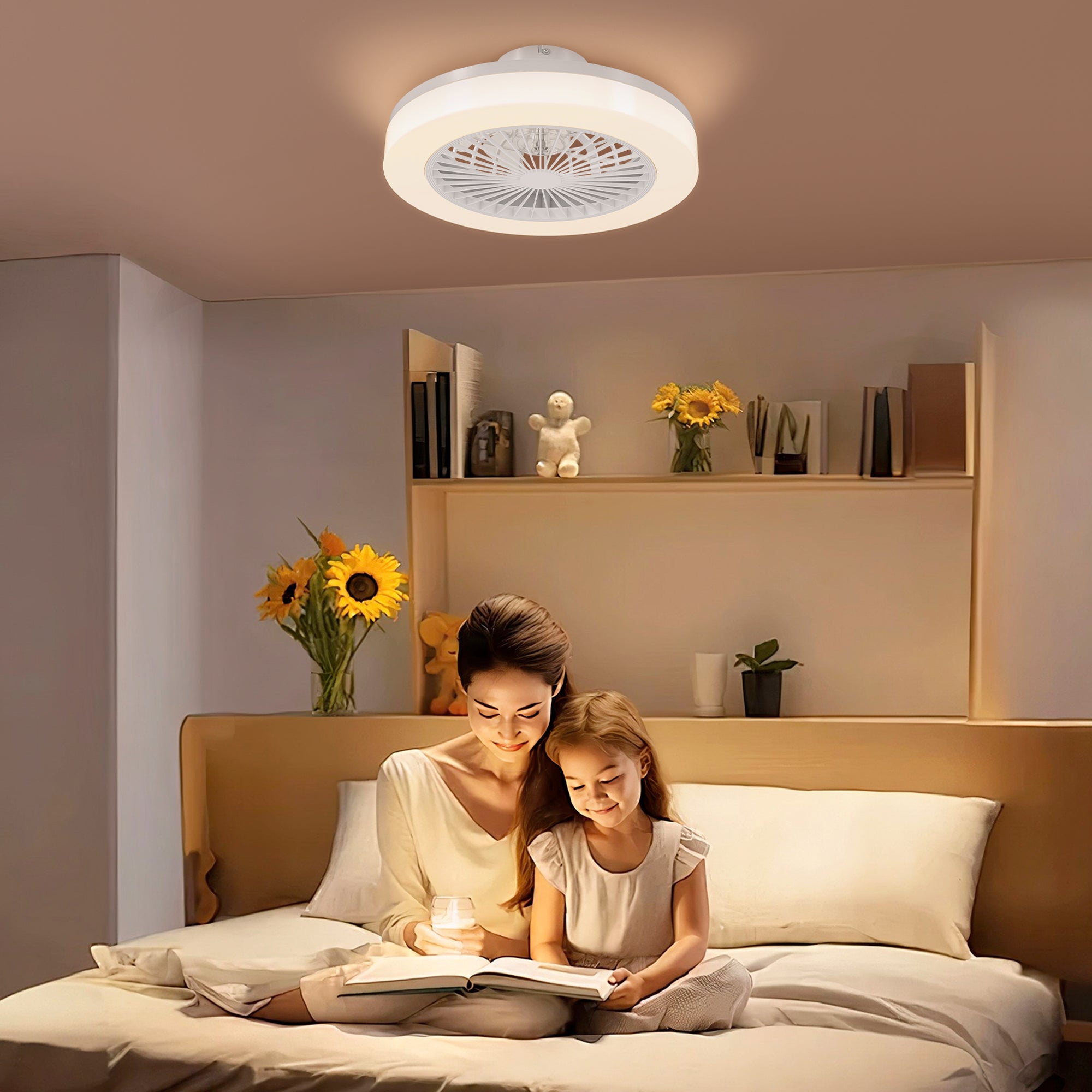 Ceiling fan with light and remote control, 6 speeds, timer, adjustable brightness, white