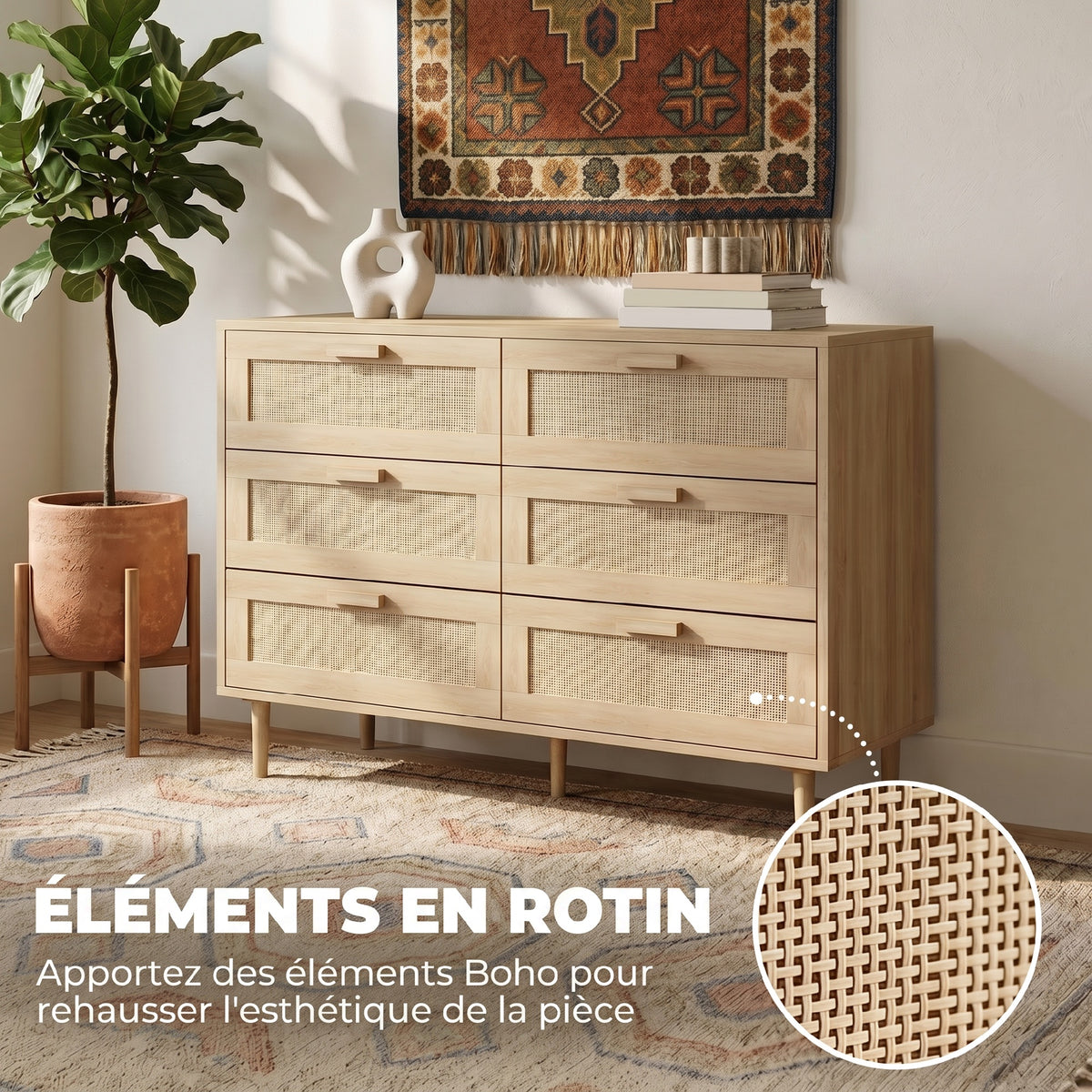Cómoda de 6 cajones mueble de almacenaje con tejido de ratán dim. 110L x 40an x 75A cm aspecto madera clara