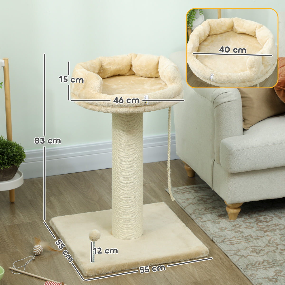 Arbre à chat grattoir design jeu boule et cordelette suspendue+ plateforme peluche - 55 x 55 x 83 cm - sisal beige