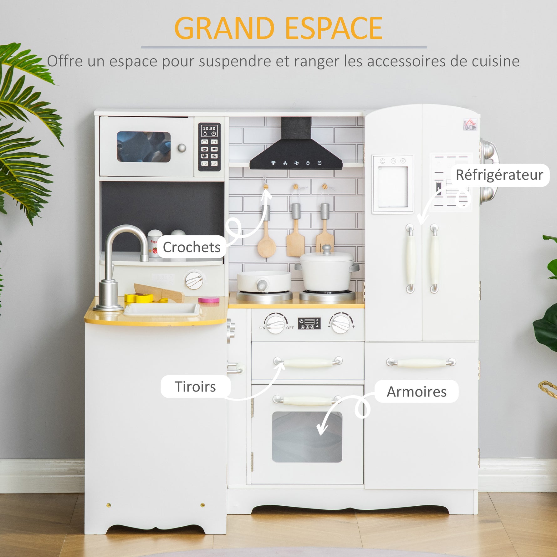 Cuisine pour Enfant 3-6 ans Jeu d'imitation Nombreux Accessoires rangements évier, robinet, four, micro-ondes, hotte, téléphone et réfrigérateur Blanc