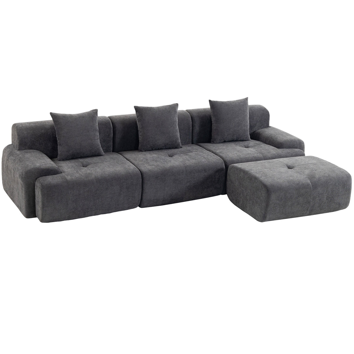 3-Seater Modular Corner Sofa with Chenille Ottoman, 300 cm Compressed Sofa with Deep Seat, 3 Cushions, Grey