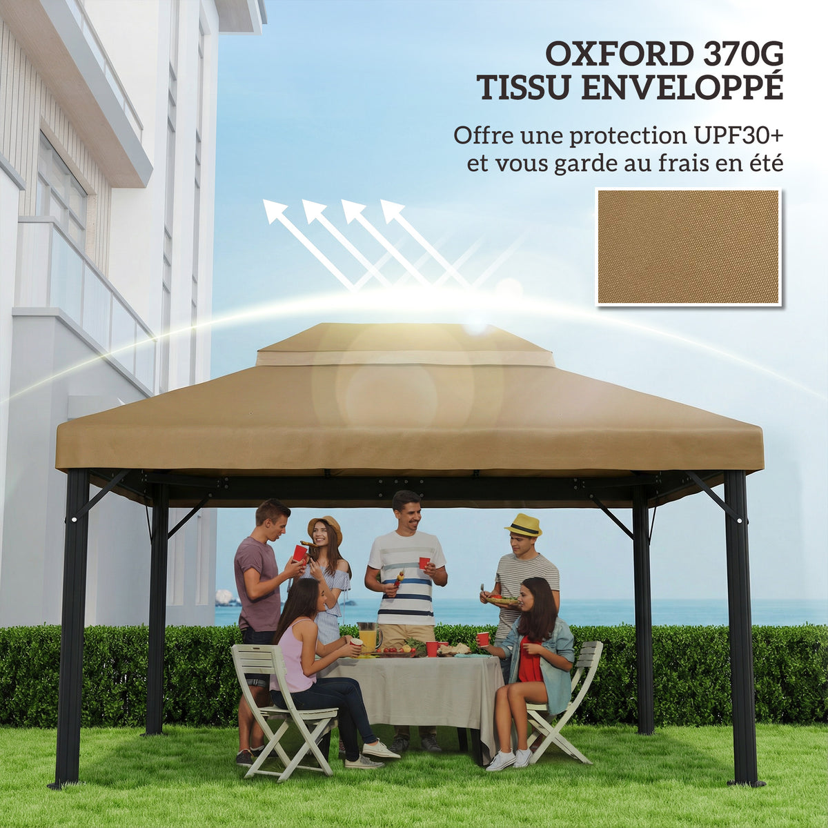 Ordezko oihala 4 x 3 m-ko begiratokirako, teilatu bikoitza drainatze-zuloekin, 370 g/m²-ko poliesterra, beixa