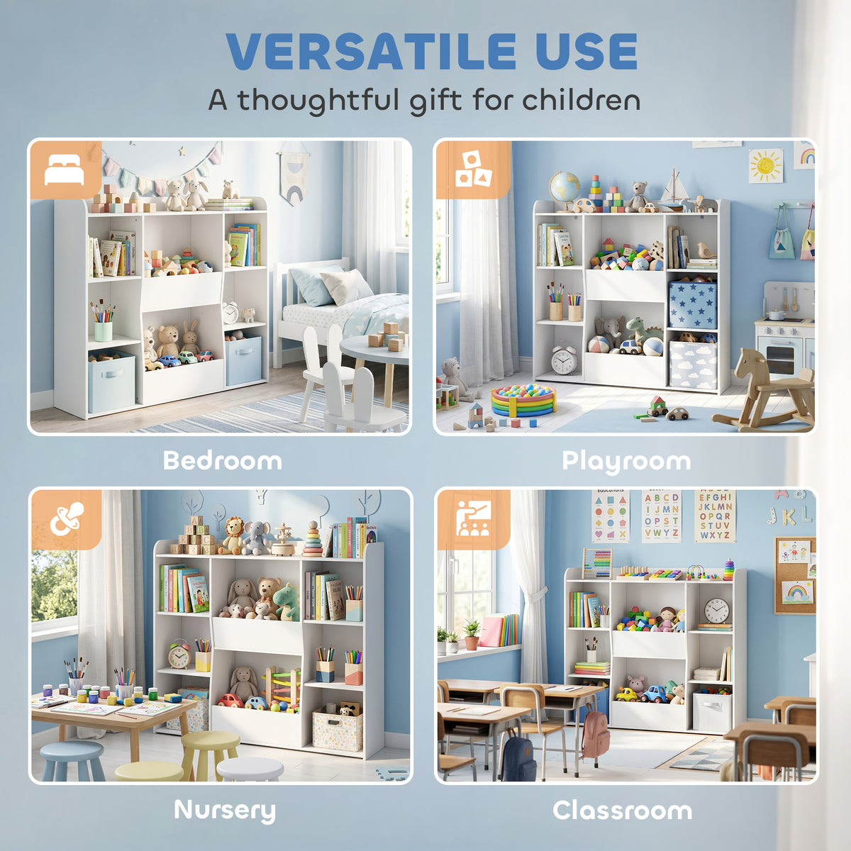 Meuble rangement enfant, bibliothèque enfants avec 8 compartiments et étagère supérieure, 104 x 29 x 101,5 cm, blanc