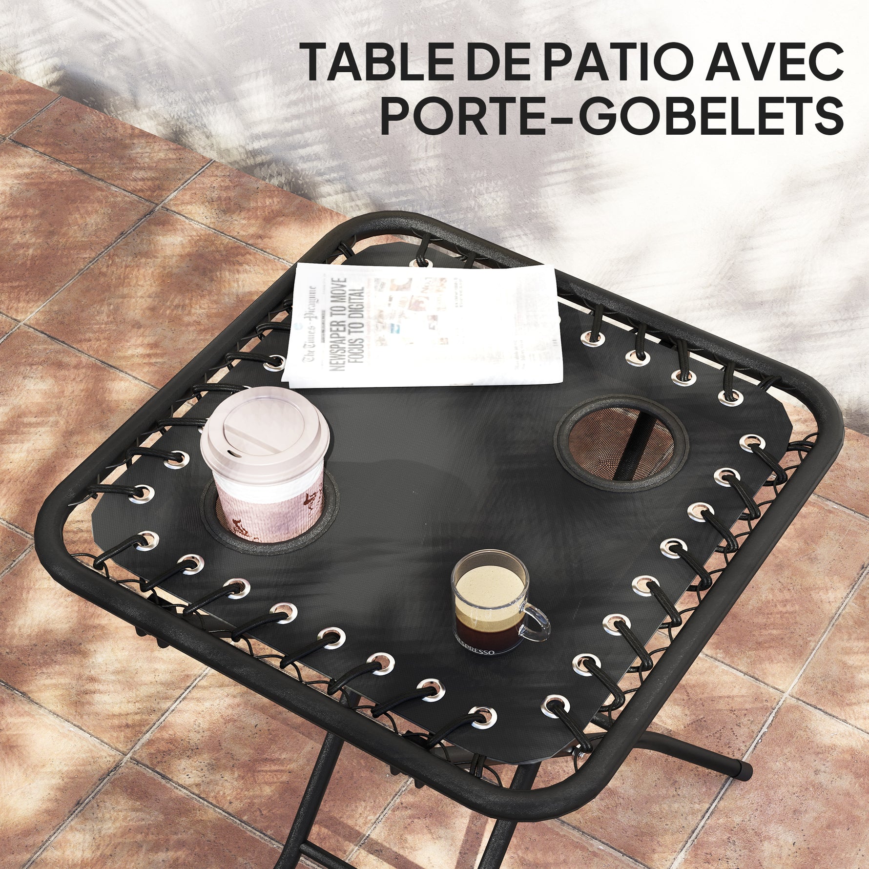 Lot de 2 chaise longue pliable et inclinable avec table d'appoint, porte-gobelets et appuie-têtes, charge 120 kg, noir