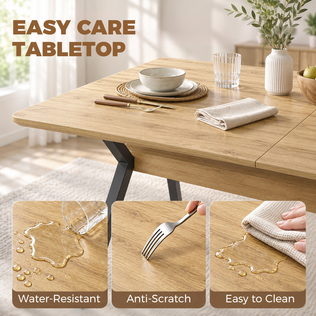 Mesa de comedor extensible para 4 a 6 personas, 130-170 cm, mesa de cocina rectangular, bordes redondeados, roble