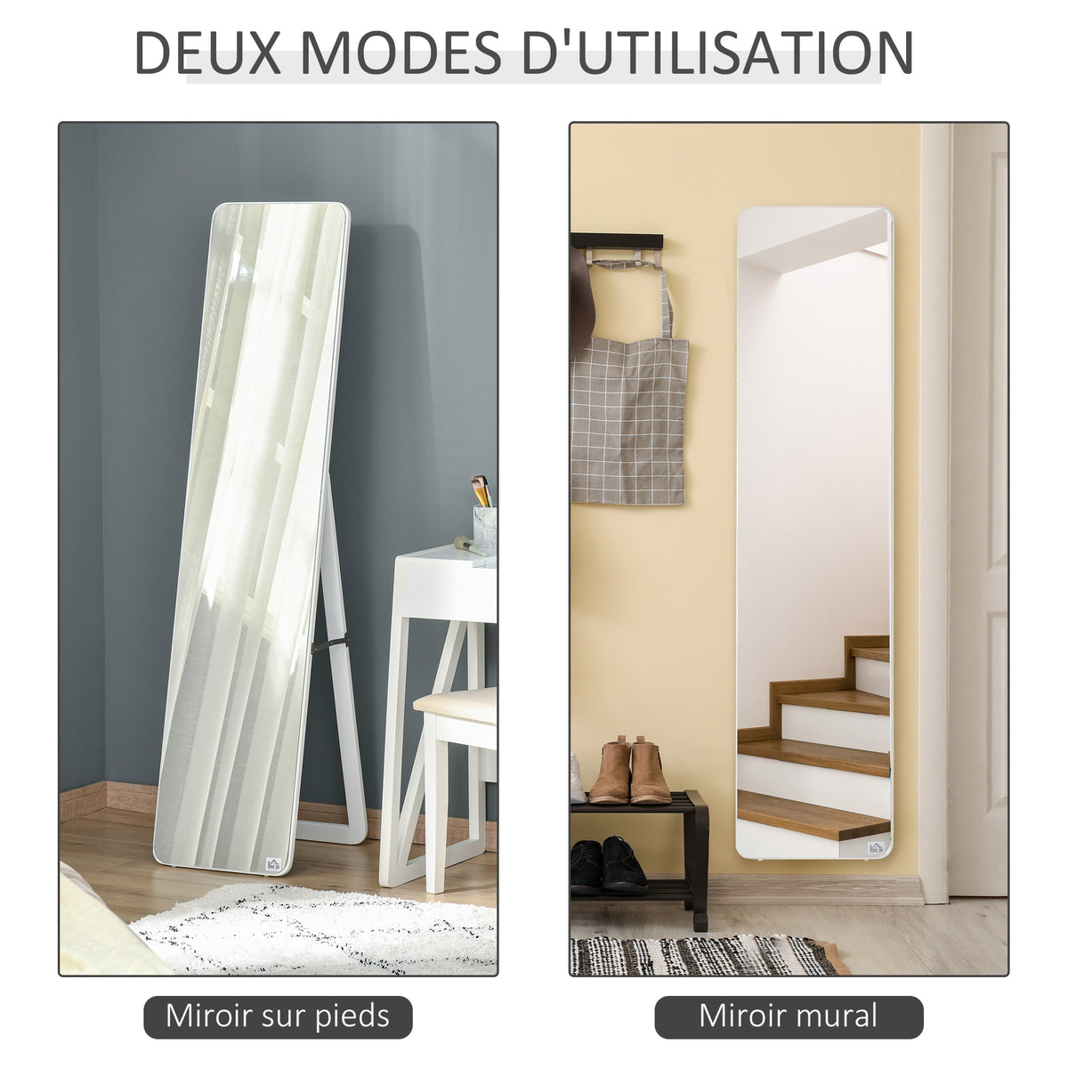 Miroir sur Pied et Mural rectangulaire dim. 37L x 43l x 156H cm Bois Aspect Blanc