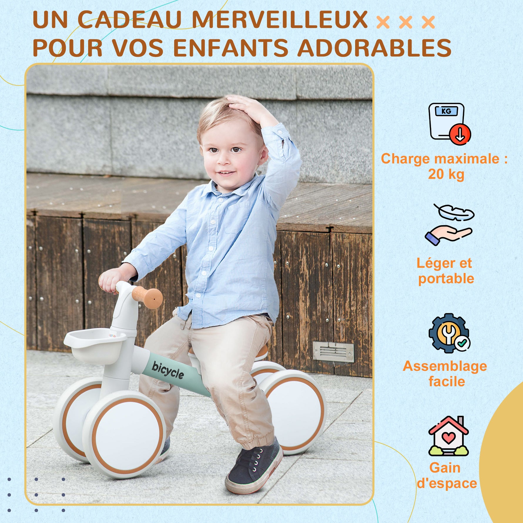 Draisienne vélo Enfant 4 roues selle réglable, guidon ergonomique alliage alu. PP, enfant 1 à 3 ans - Gris Marron vert