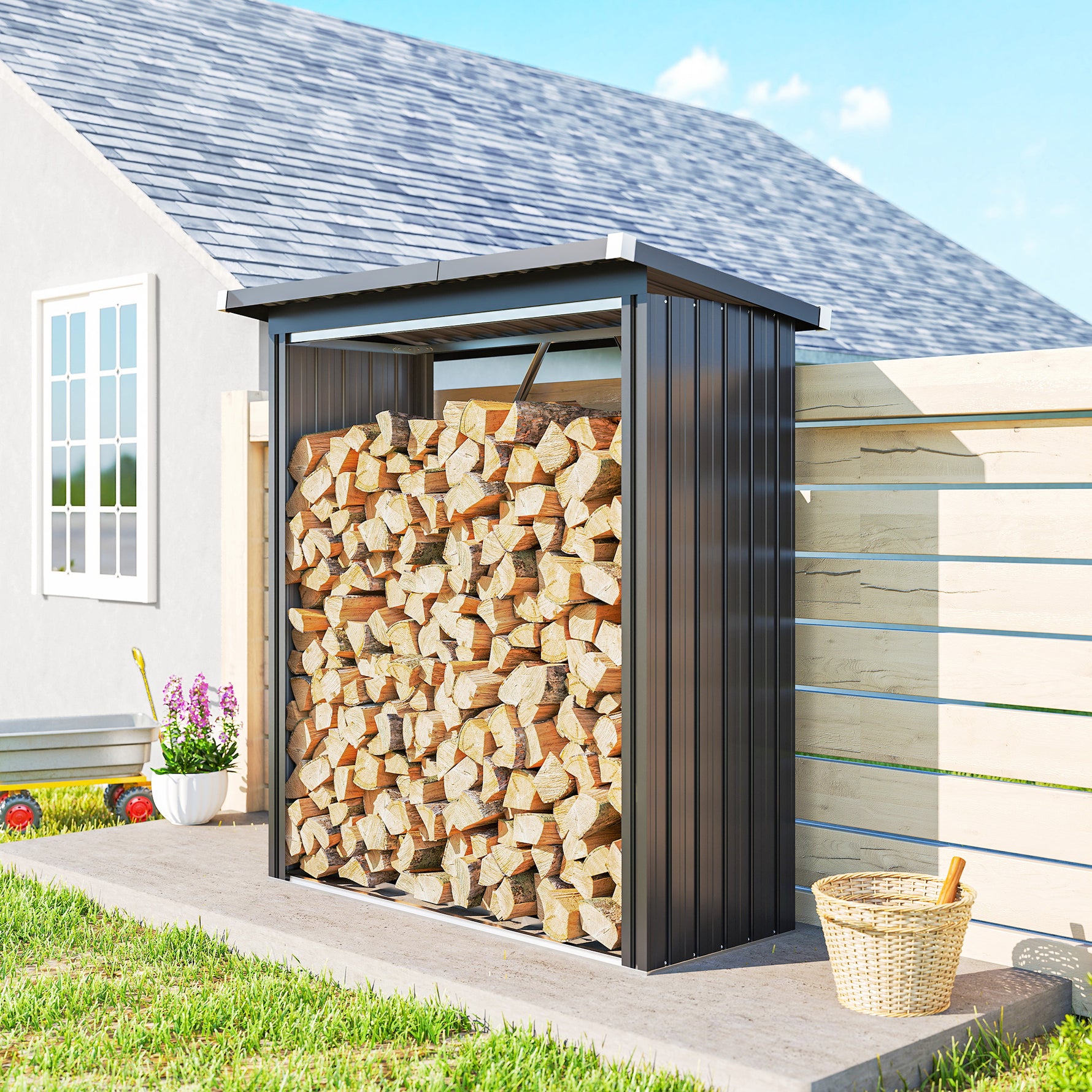 Abri-bûches couvert support pour bois de chauffage plancher surélevé toit incliné, acier galvanisé 150x66,5x150cm gris