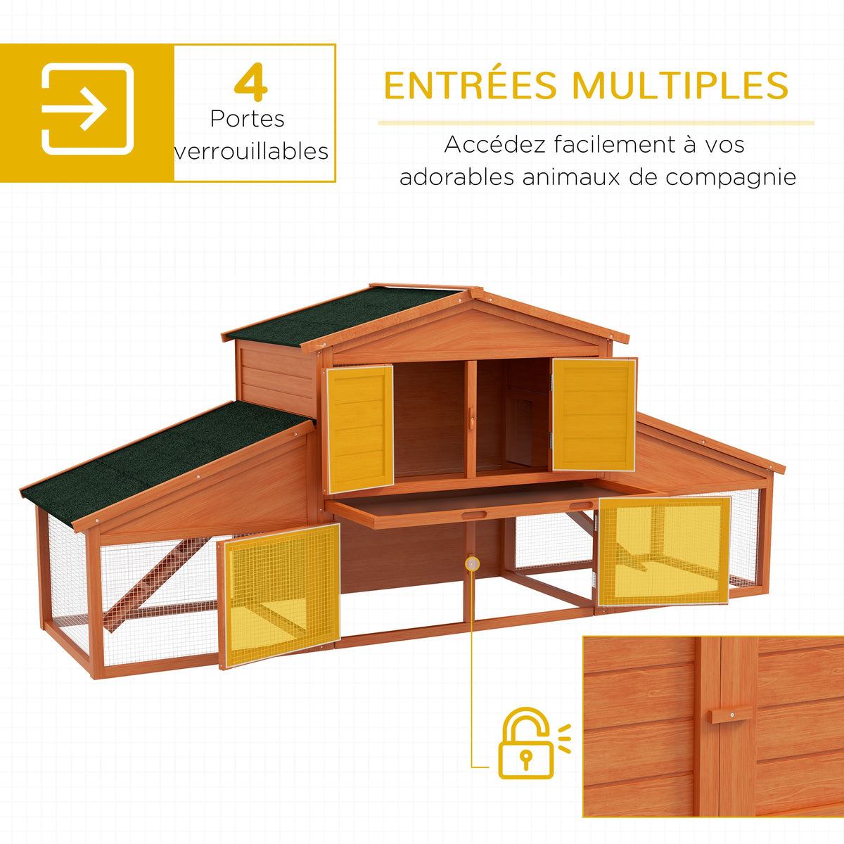 Clapier cage à lapins rongeurs poulailler XXL 2 étages 2 enclos tiroir déjection 2,25L x 0,70l x 1H m bois massif pin