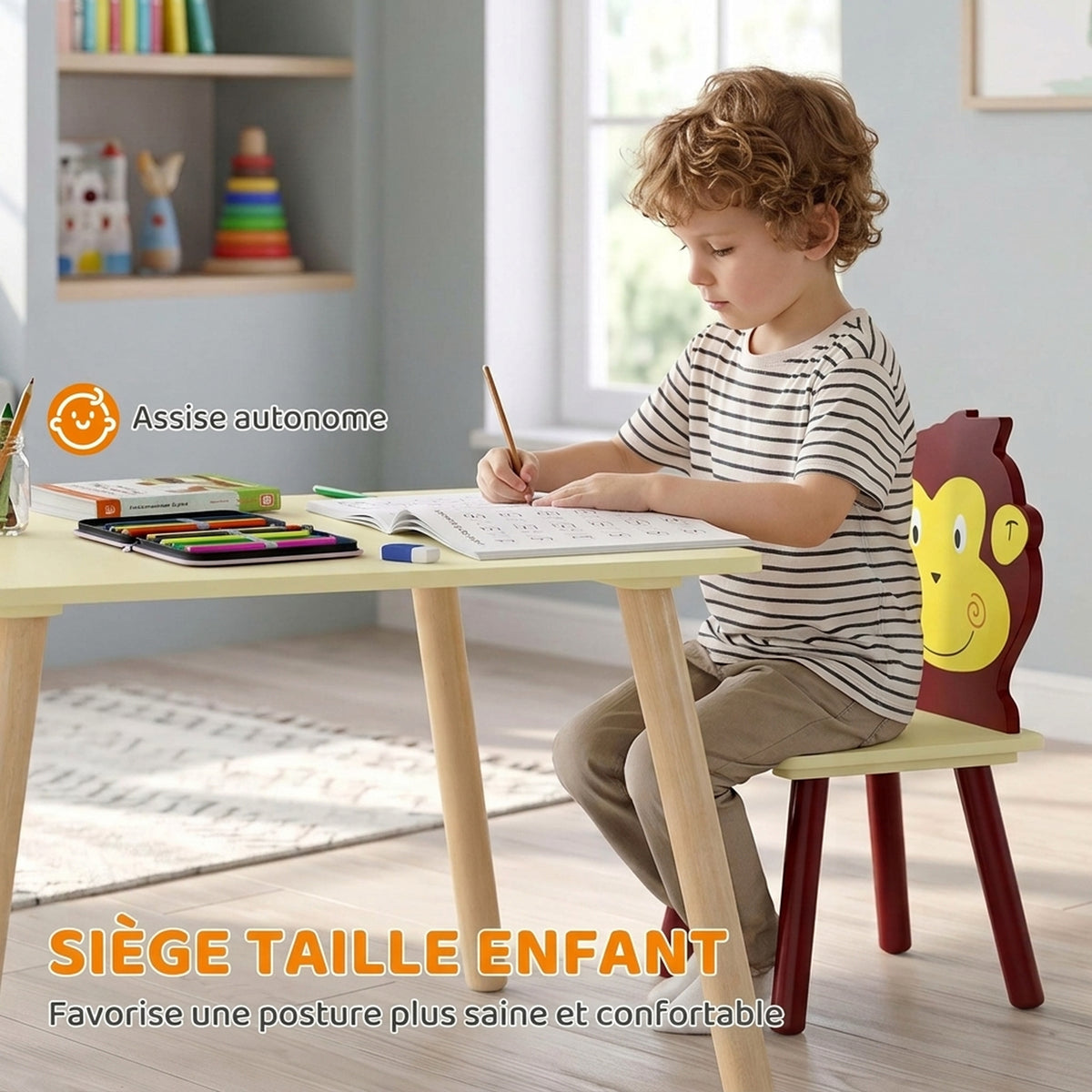 Kinderkamertafelset met 4 stoelen, 5-delig houten meubelset, rugleuningen in diervorm, afgeronde hoeken, 3-8 jaar, geel