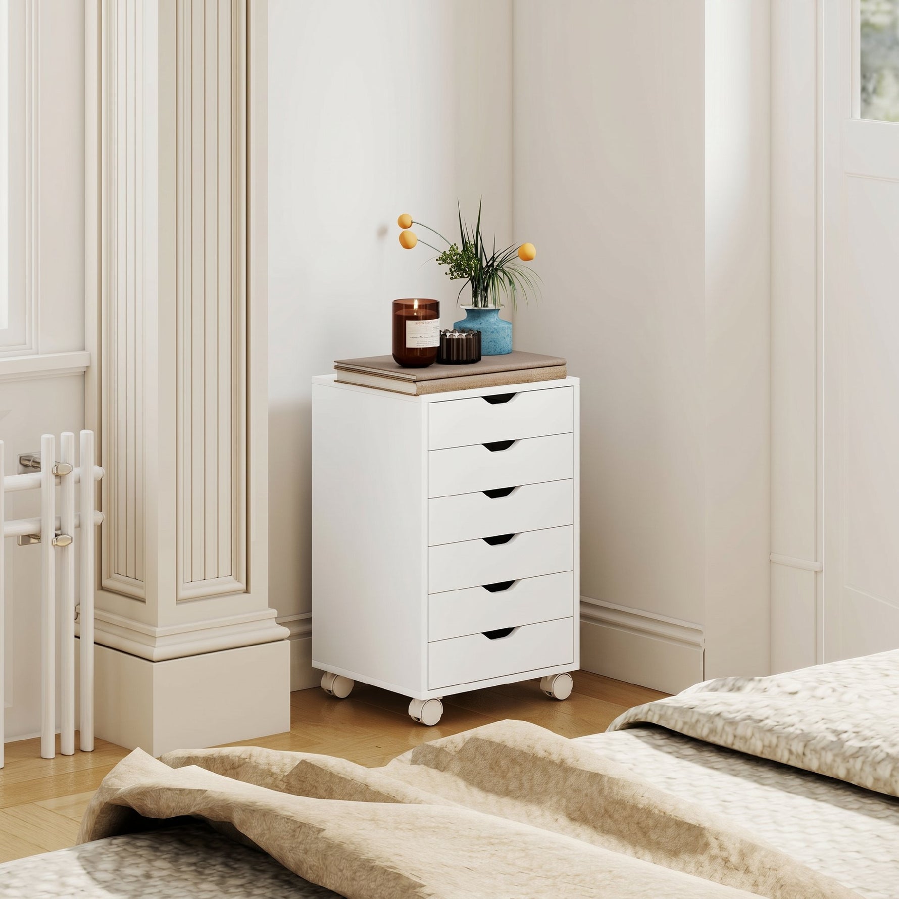 Caisson de Bureau Mobile avec 6 Tiroirs Silencieux, Caisson de Rangement sur Roulettes,  40 x 35 x 63 cm, Blanc