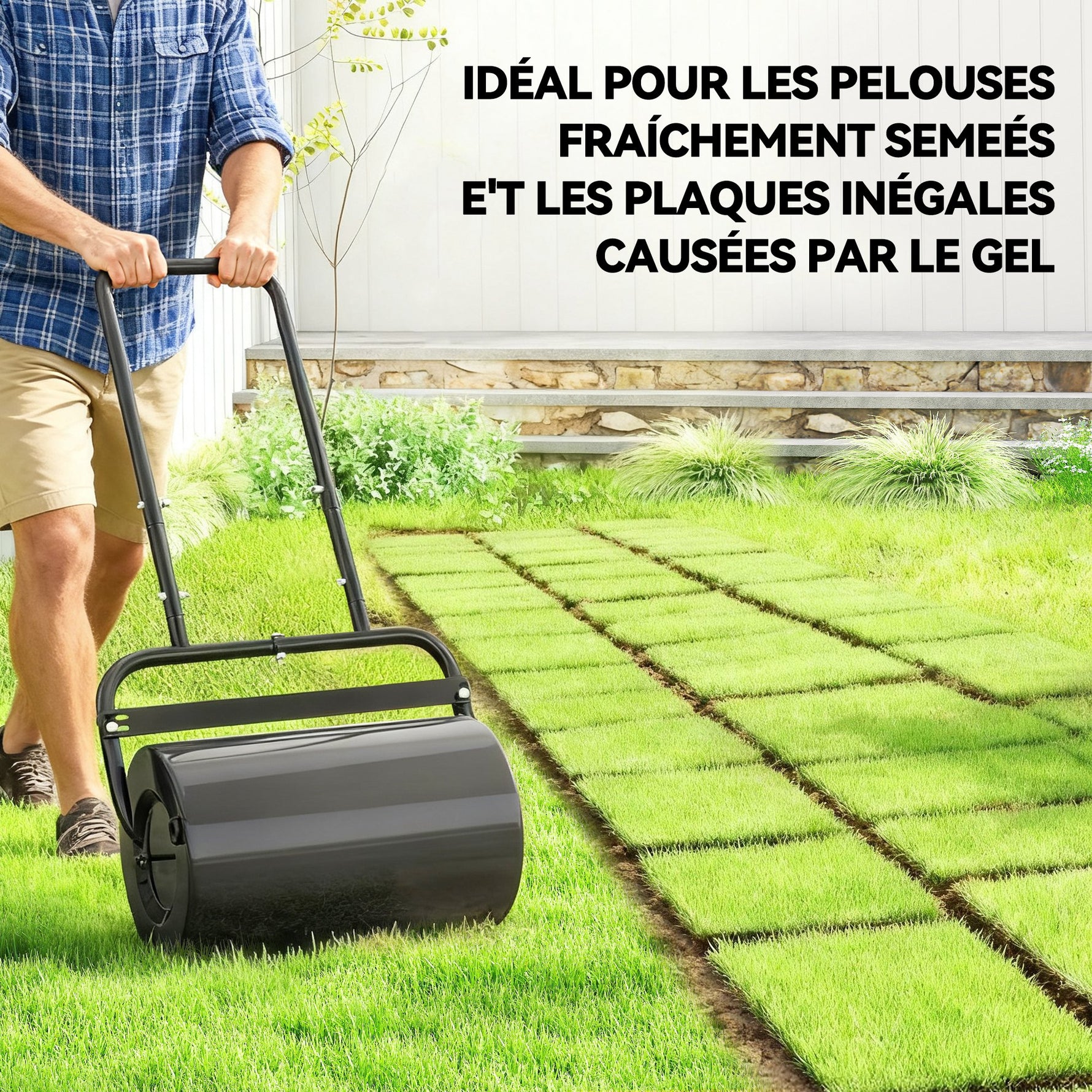 Rouleau à gazon rouleau de jardin 50 cm, remplissage sable eau, poignée ergonomique, 58 x 32,5 x 113 cm, noir