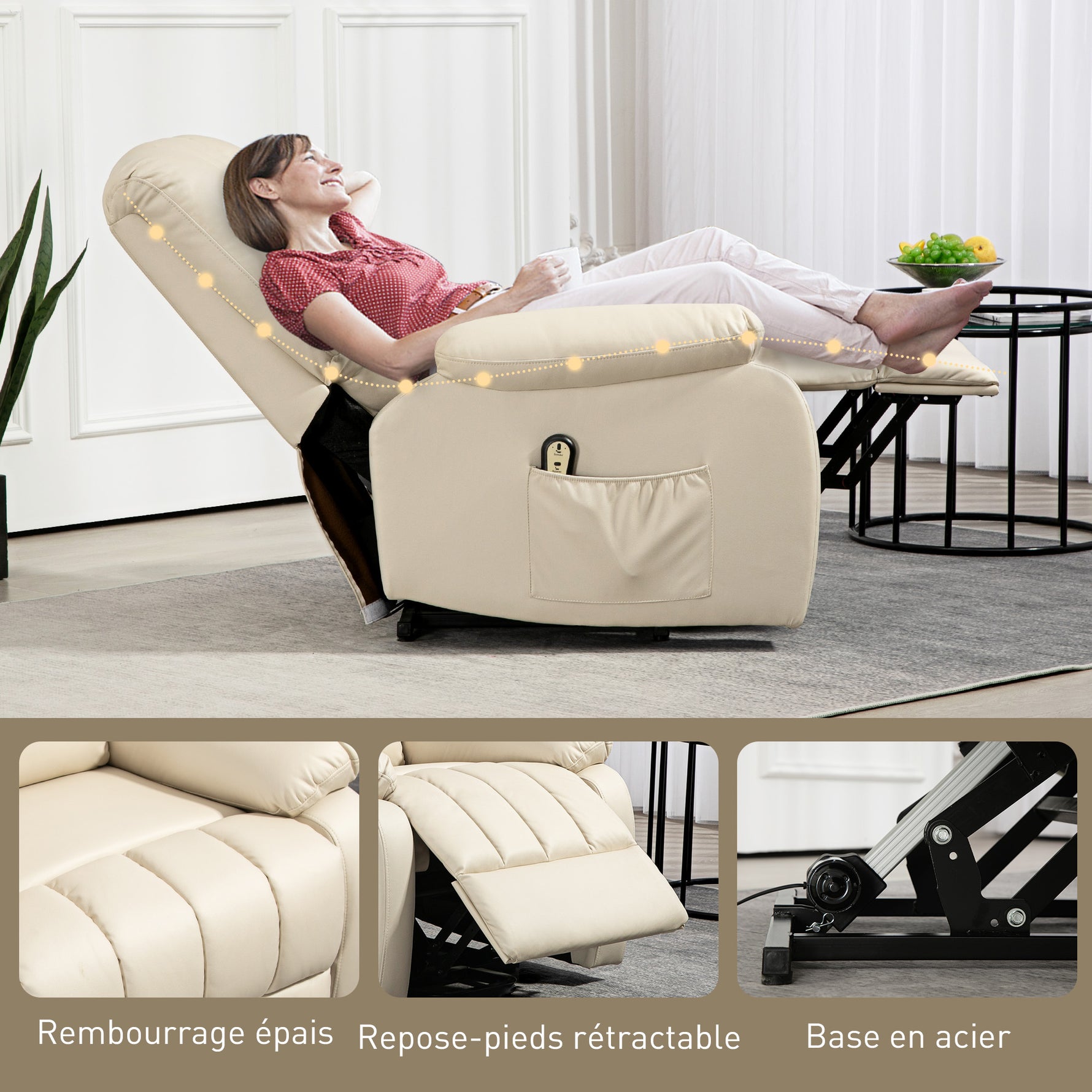 Fauteuil relax inclinable électrique releveur avec repose-pied et télécommande 86 x 92 x 102 cm Beige
