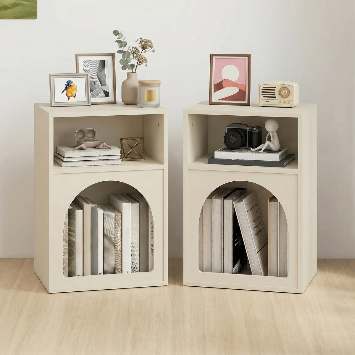 Lot de 2 tables de chevet, table de nuit avec compartiments ouverts, design arqué, 40 x 30 x 60 cm, crème