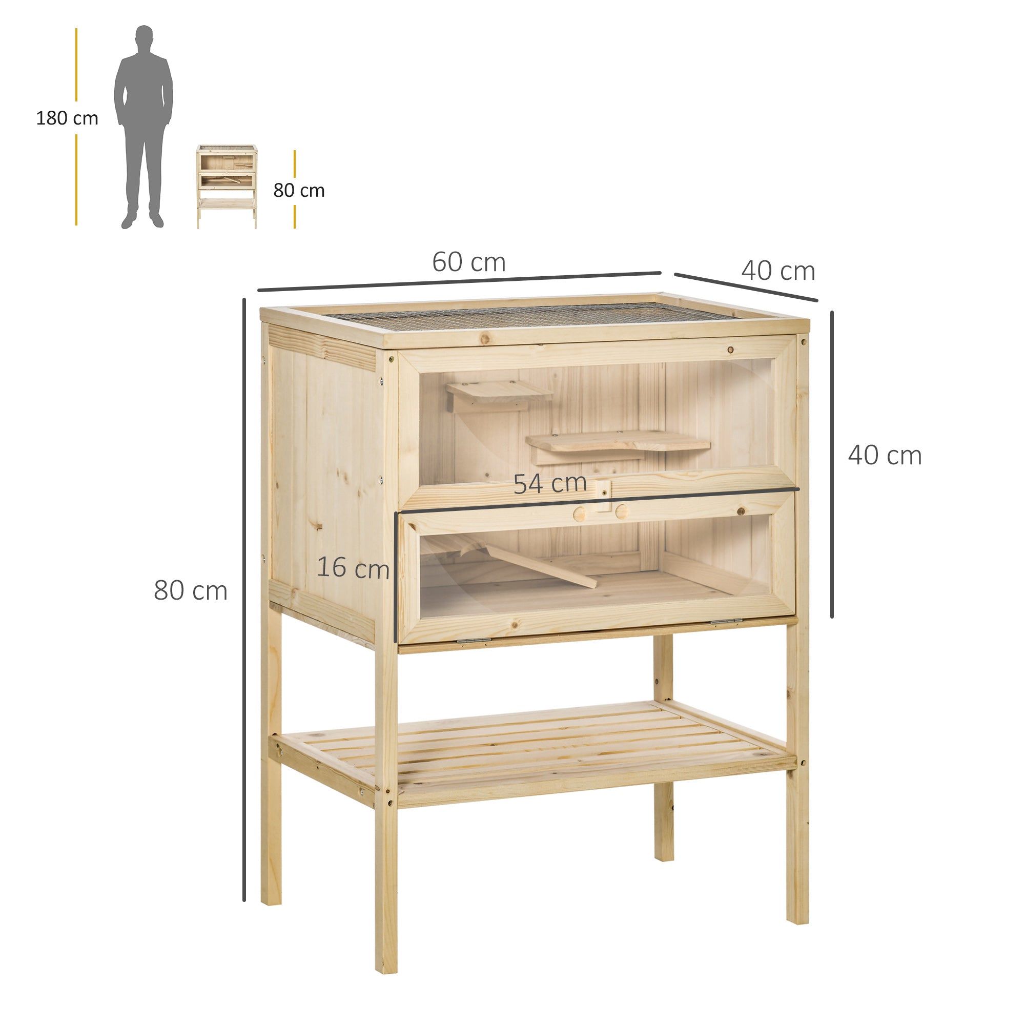 Jaula de madera para hámster de 3 niveles con plataformas, escaleras, estante, ventana, techo abatible, 60x40x80cm, natural