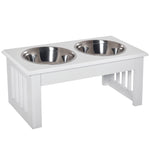 Gamelles chiens surélevées gamelle double chien chat Porte-gamelles surélevé dim. 44L x 24l x 15H cm 2 gamelles 0,9L acier inox. incluses bois blanc