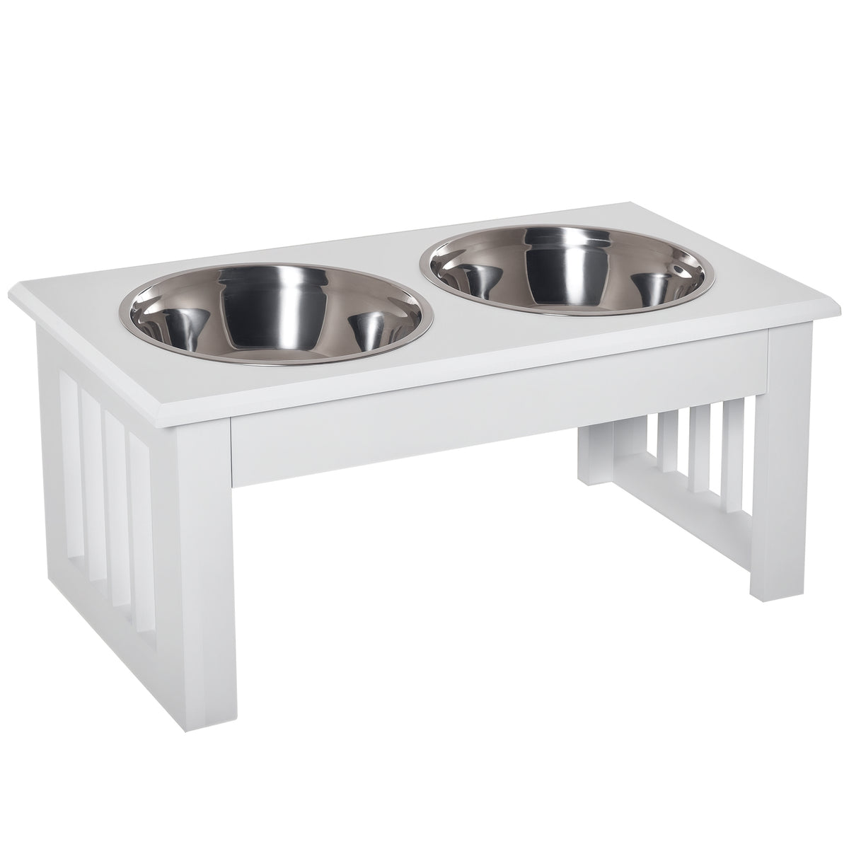 Gamelles chiens surélevées gamelle double chien chat Porte-gamelles surélevé dim. 44L x 24l x 15H cm 2 gamelles 0,9L acier inox. incluses bois blanc