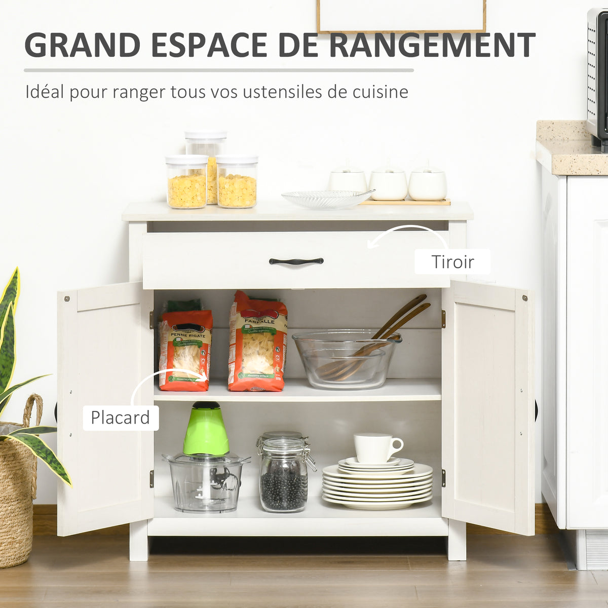 Buffet salon, meuble de rangement avec tiroir, 2 portes de grange et étagère réglable, 80 x 39,7 x 80 cm, blanc