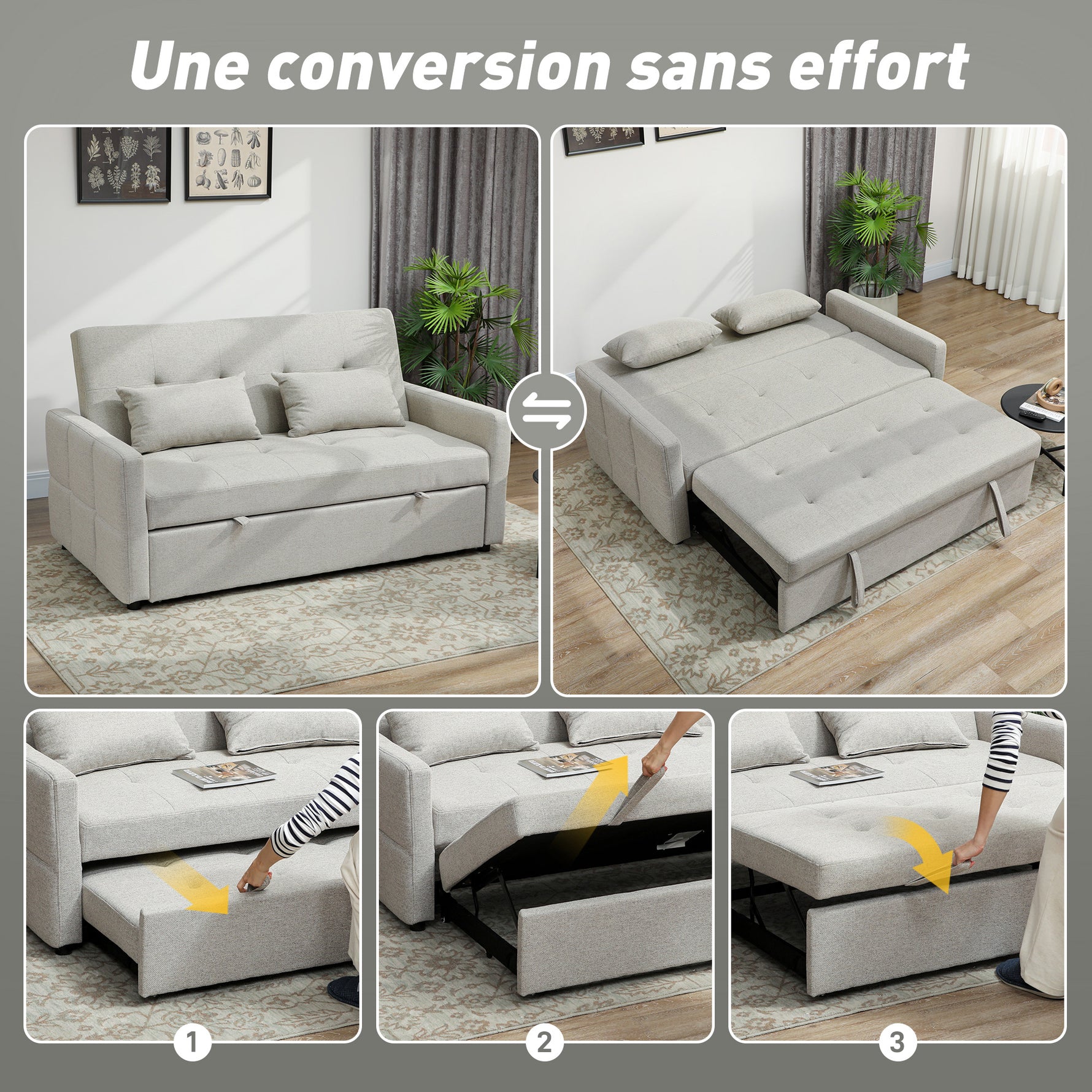 Canapé convertible 2 places 3 en 1, canapé-lit clic-clac, lit gigogne, dossier réglable, 158x85x85cm, marron clair
