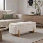 Panca contenitore, fondo letto imbottito, cerniere di sicurezza, gambe a U in legno di gomma stabile, crema
