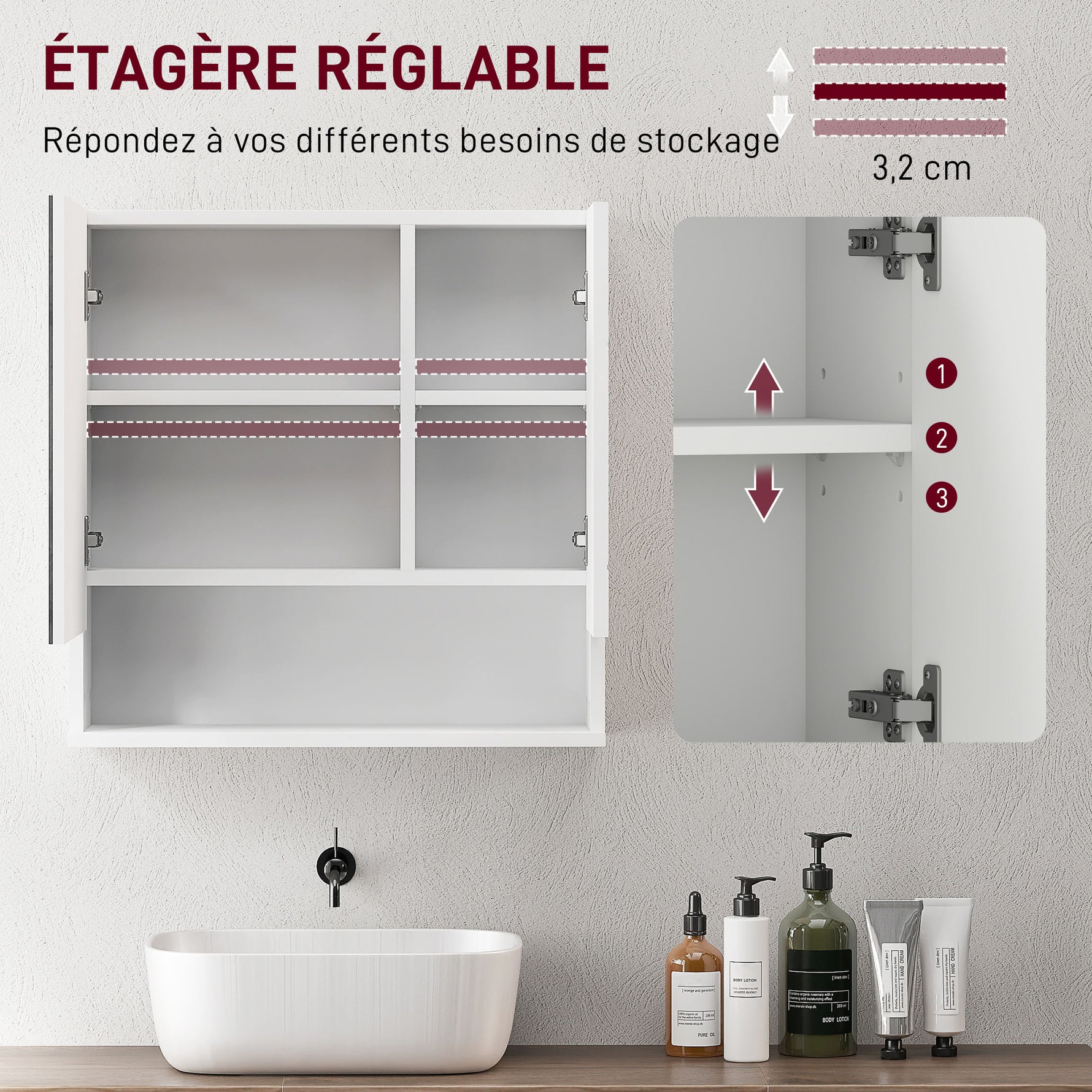 Armoire murale miroir de salle de bain placard de rangement 2 portes 55 x 17 x 55 cm blanc