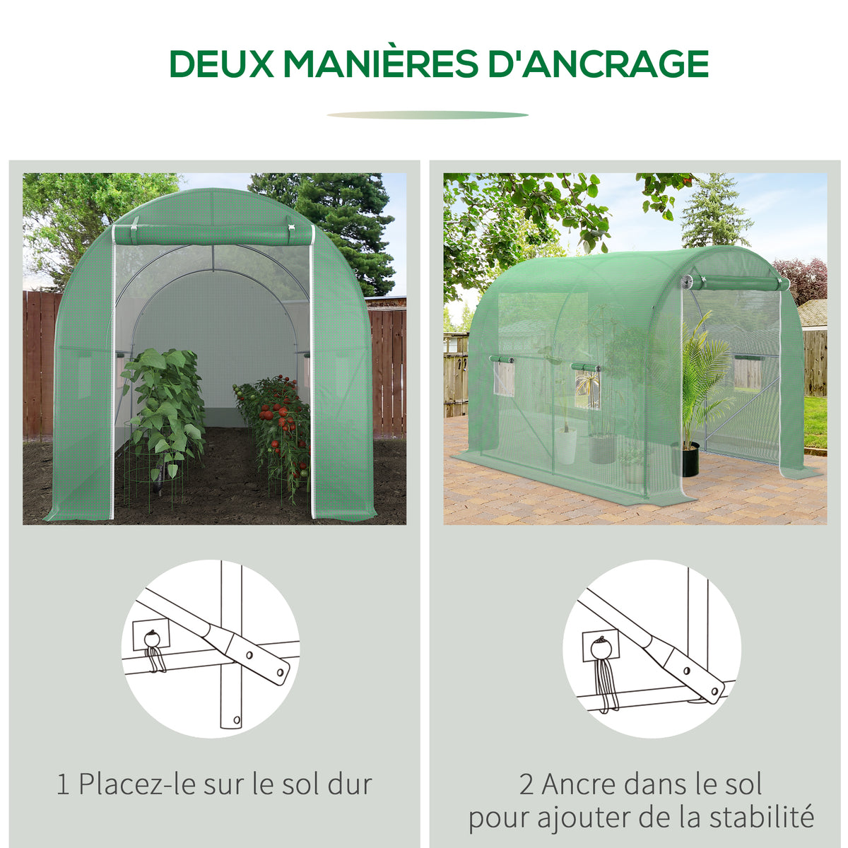 Serre de Jardin Tunnel Surface Sol 6 m² 3L x 2l x 2,10H m châssis Tubulaire renforcé Porte zippée 4 fenêtres enroulables cadre en métal Vert