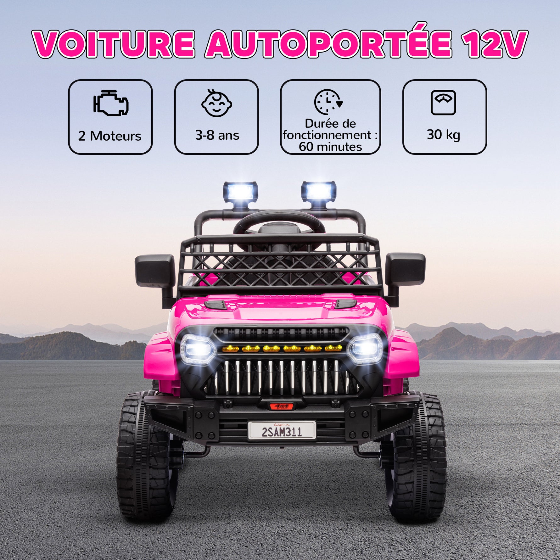 Voiture électrique enfant 4x4 télécommande 2,4Ghz, 2 moteurs 12 V, vitesse réglable, musique, klaxon, lumières LED, noir