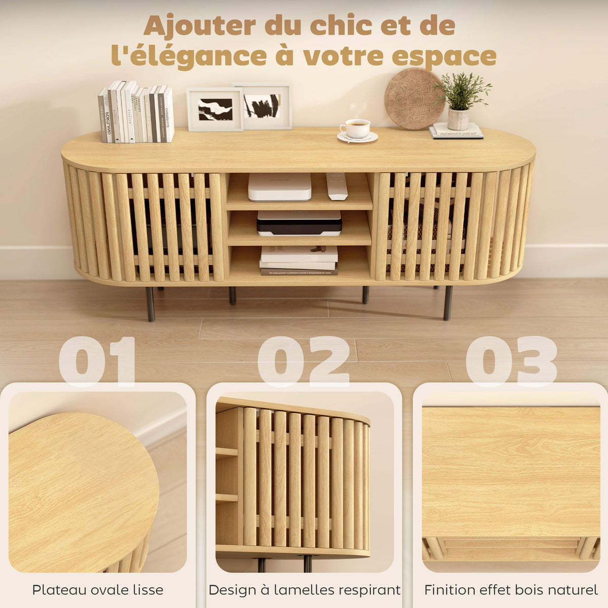 Meuble TV, meuble télé pour téléviseur 60 pouces, 2 portes à lattes, 140x40x52cm, bois naturel