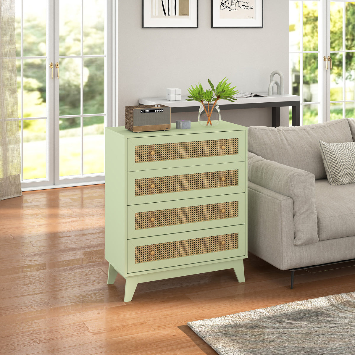 Commode 4 tiroirs meuble de rangement cannage en rotin aspect bois clair 80 x 35 x 95 cm vert