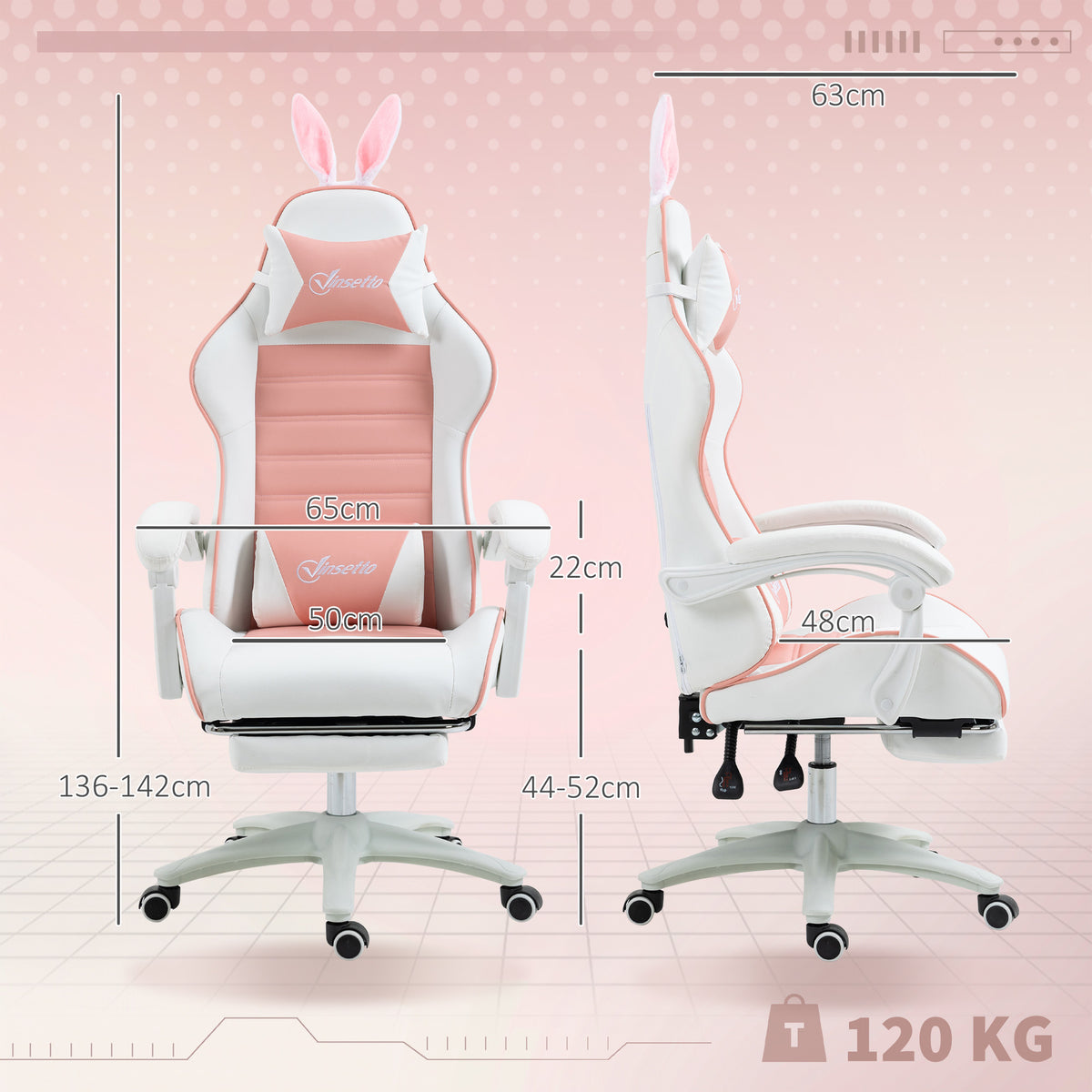 Silla gaming con soporte lumbar, altura ajustable, respaldo reclinable, orejas de conejo y reposacabezas, rosa