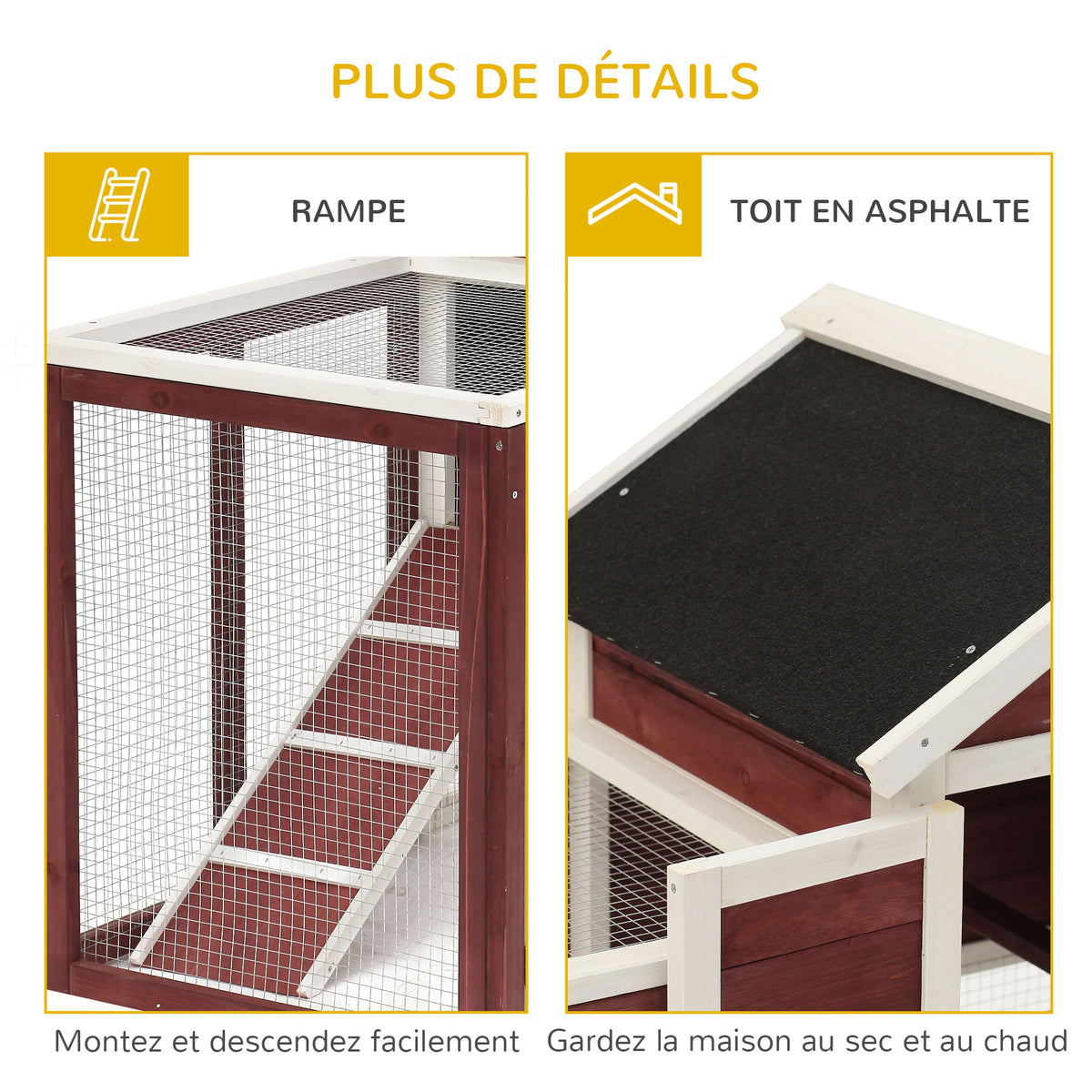 Clapier cage à lapins multi-équipé : niche supérieure avec rampe, plateau excrément, fenêtre + enclos  extérieur sécurisé 2 portes 123,5L x 62,6l x 92,5H cm rouge brique