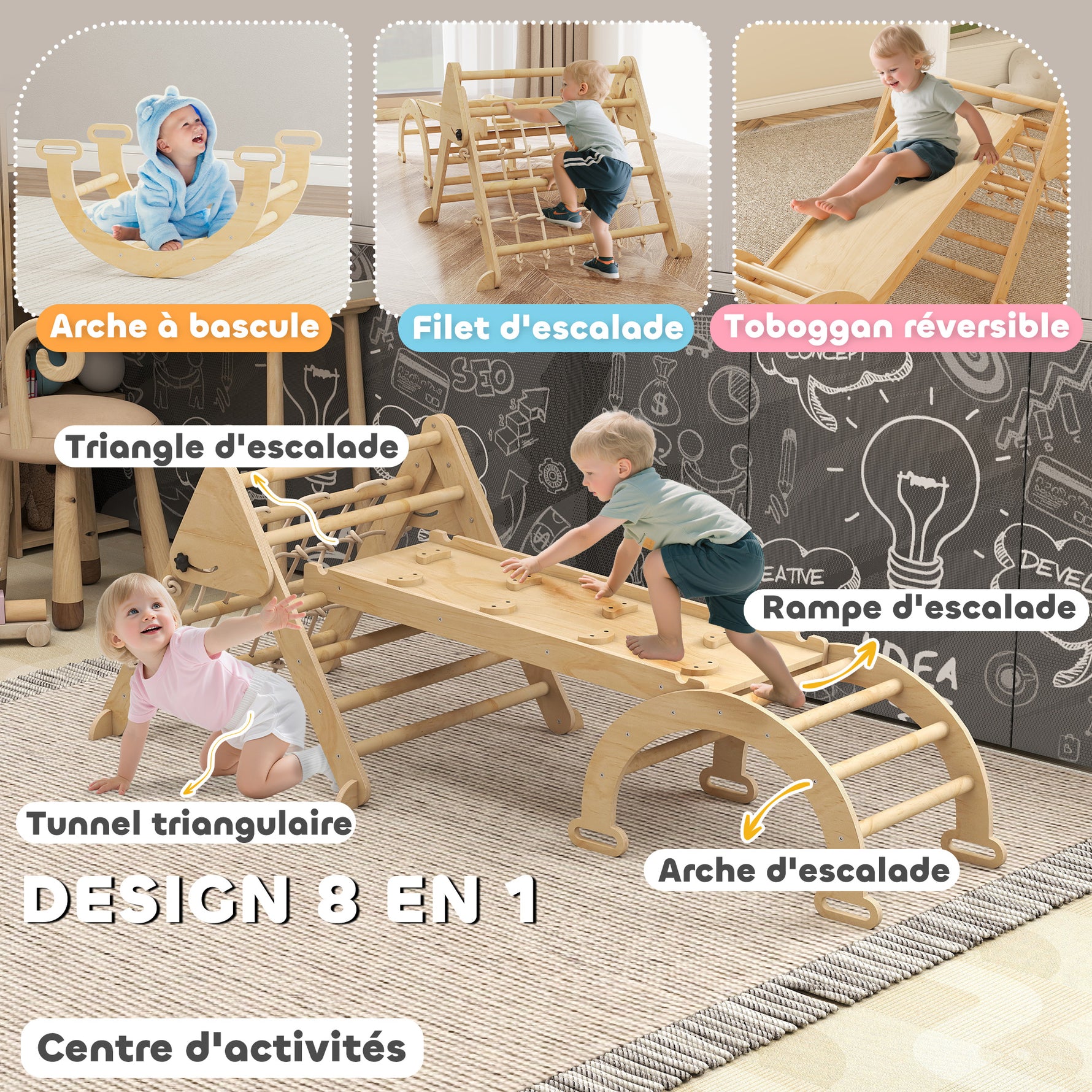 Triangle d'escalade enfants 8 en 1 avec rampe double face, arc d'escalade en bois avec toboggan & échelle, naturel