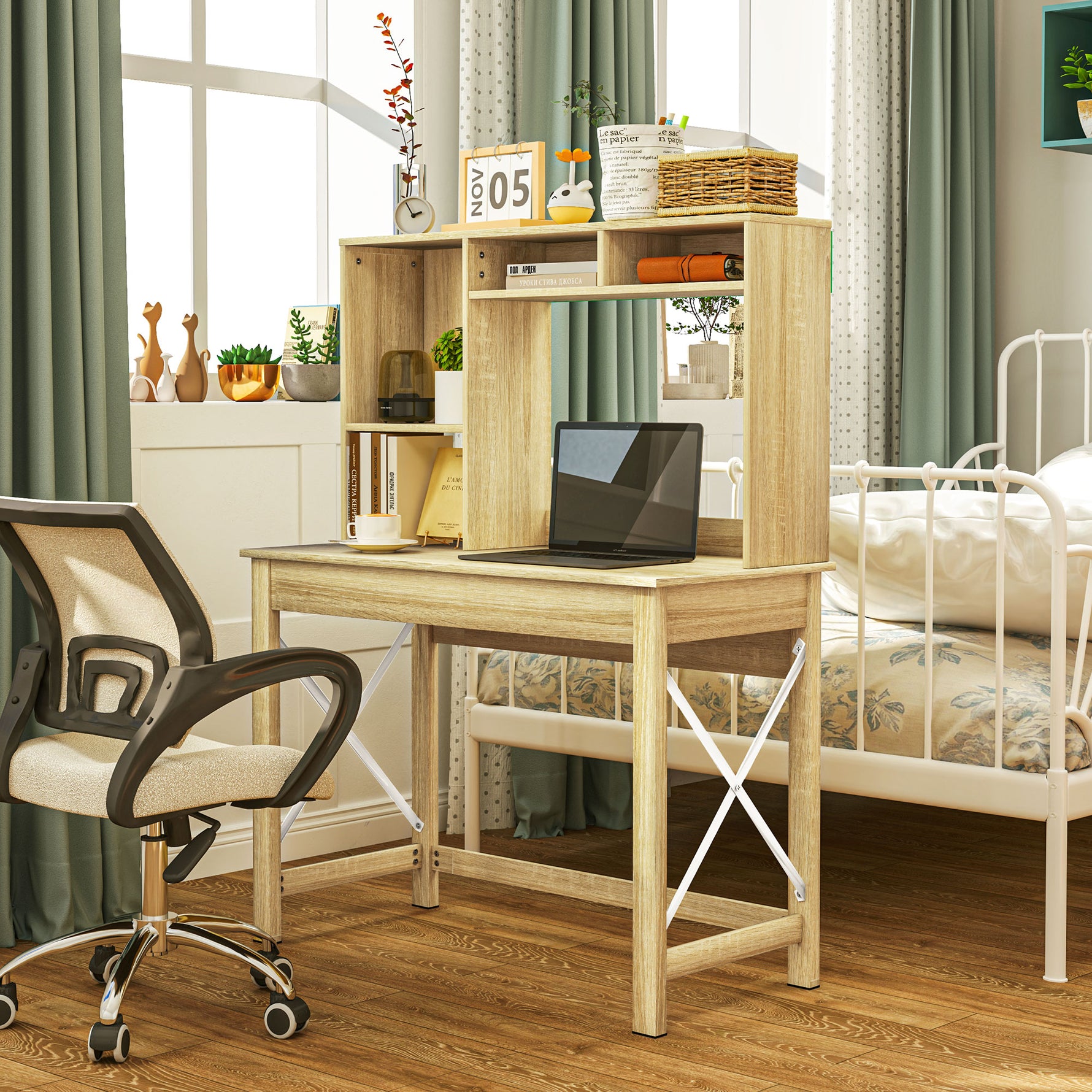Bureau avec rangement bureau bibliothèque en bois avec étagères et grand plateau pour petits espaces, aspect chêne