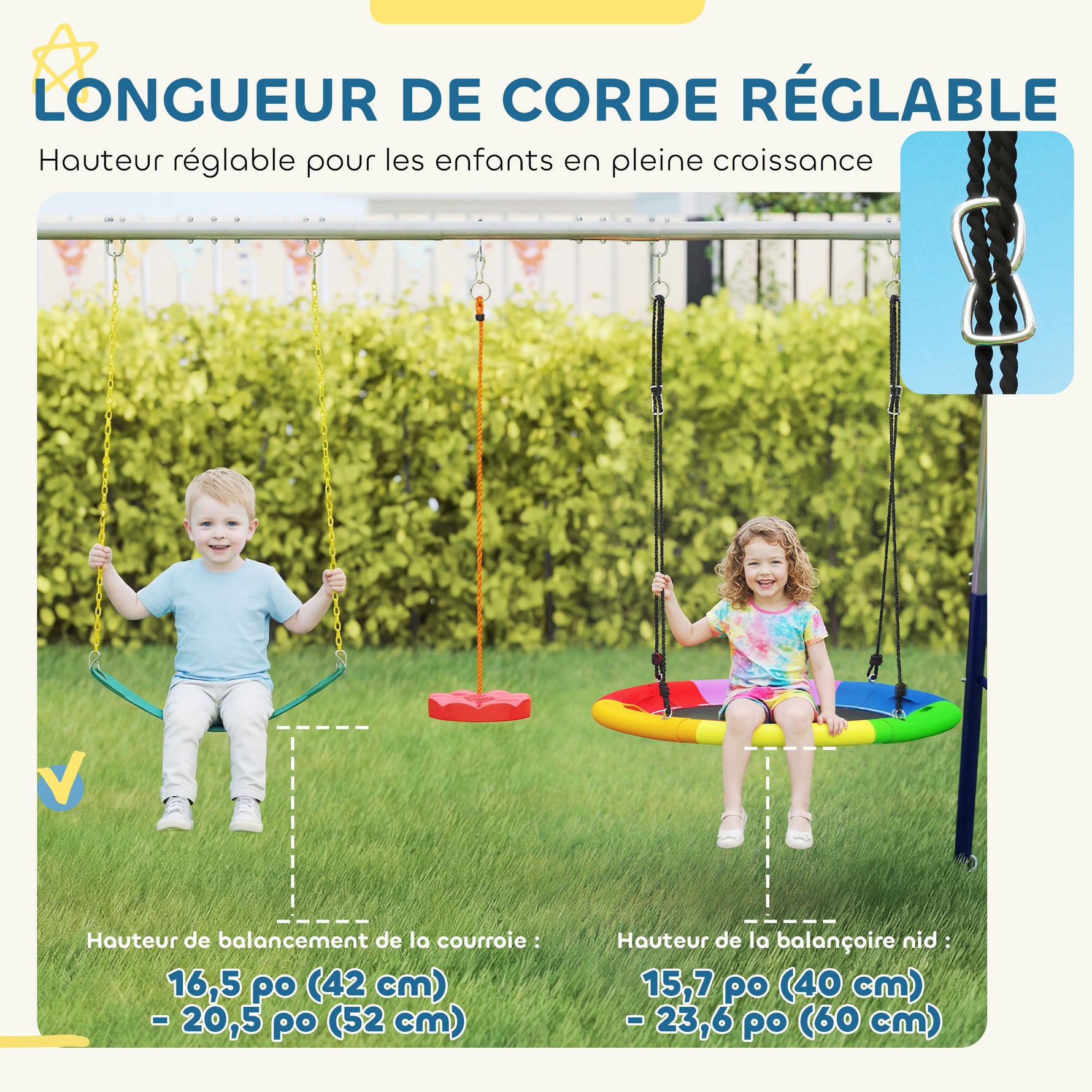 Balançoire Portique Enfants 5 en 1 avec Toboggan, 3 Balançoire, Face à Face, Hauteur Réglable, 3-8 ans, Multicolore