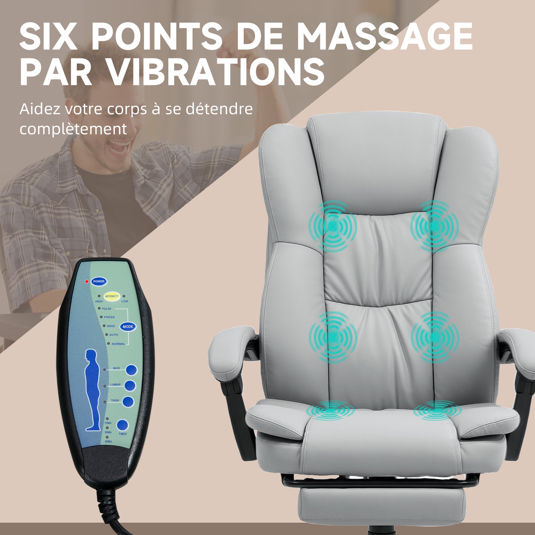 Fauteuil de bureau massant, chaise de bureau avec hauteur réglable, dossier inclinable et télécommande filaire, gris