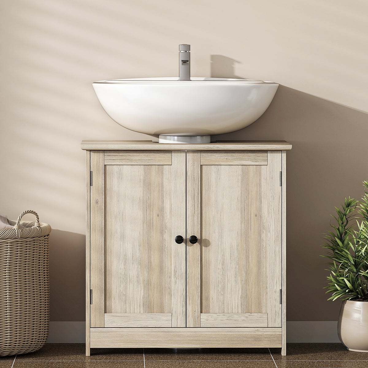 Meuble sous Lavabo, Meuble de Salle de Bain Placard à 2 Portes, Étagère Réglable, Anti-Humidité, 60 x 30 x 60 cm, Gris