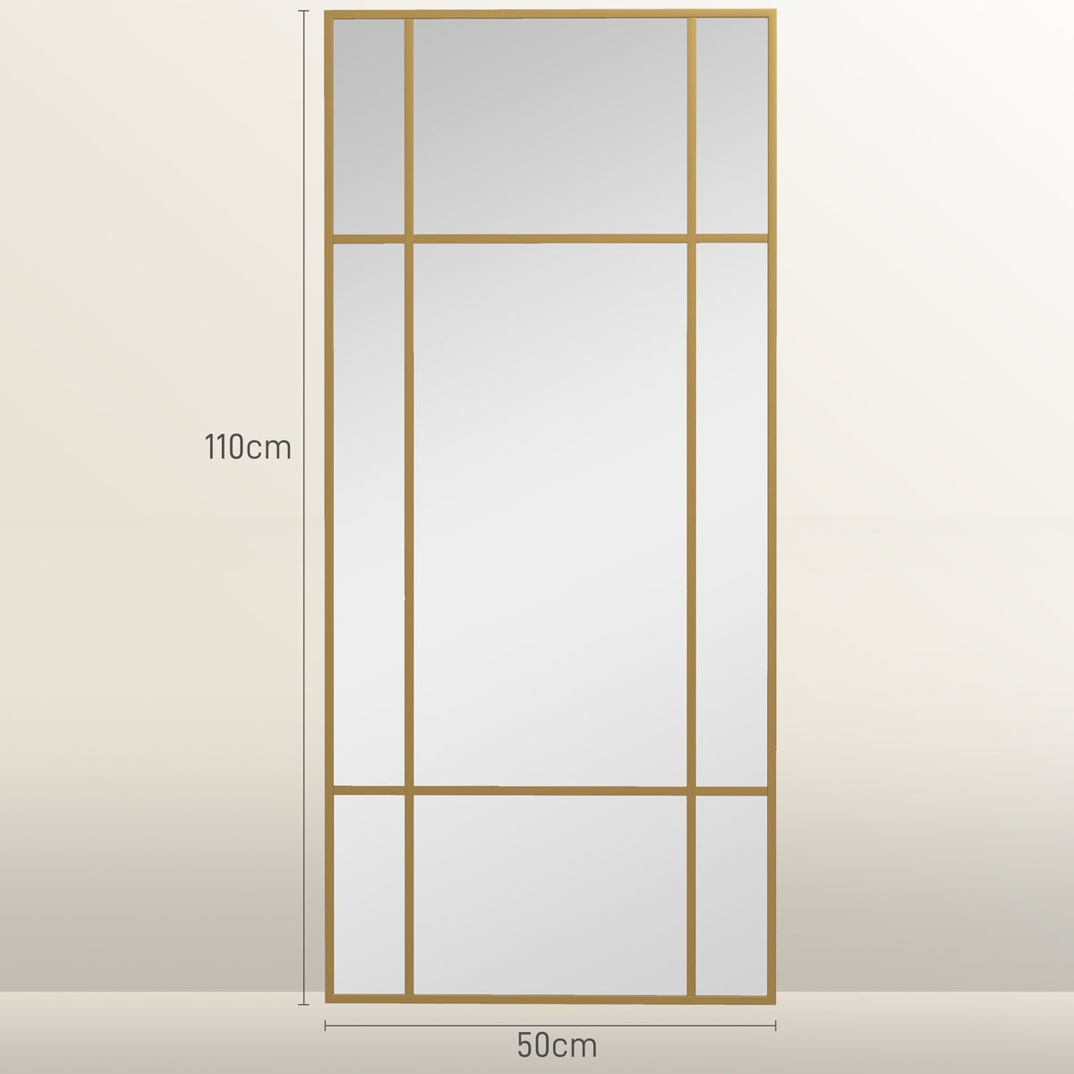Miroir mural verrière rectangulaire style fenêtre, horizontal ou vertical avec 4 crochets, en métal doré - 110x50 cm