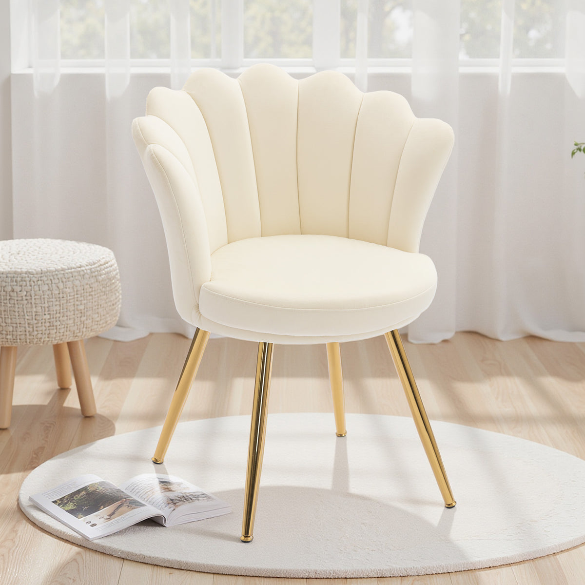 Fauteuil coquillage chaise coiffeuse fauteuil en velours fauteuil de salon avec pieds en métal doré beige
