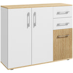 Buffet, meuble de rangement avec 3 portes, 2 tiroirs et étagère réglable, 90 x 30 x 75,5 cm, blanc et bois naturel