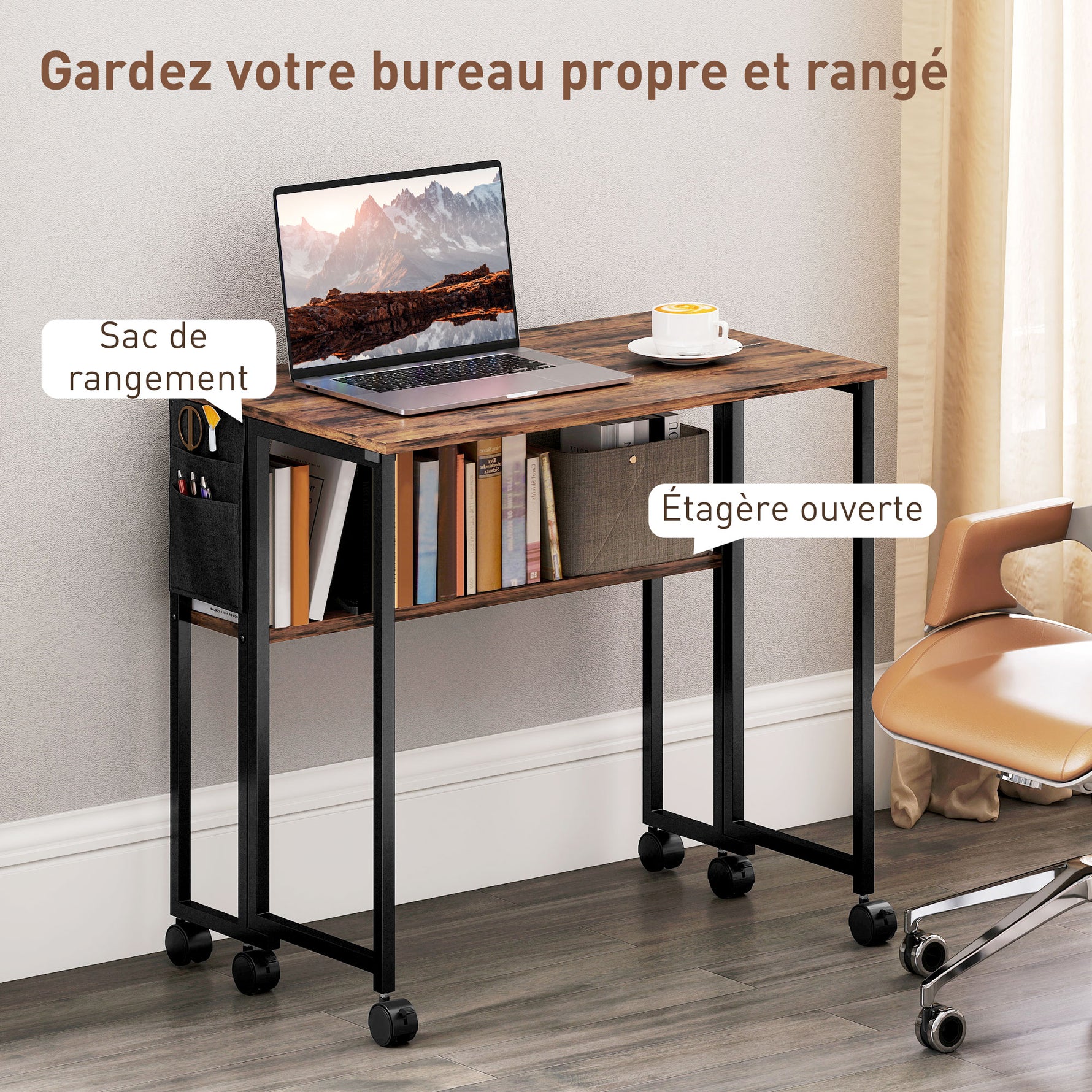 Bureau pliable sur roulettes 80 x 50 cm avec étagère et sac de rangement, brun rustique