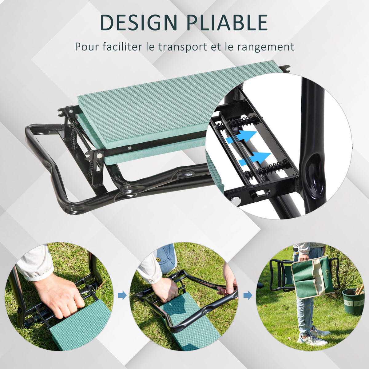 Tabouret de Jardin Pliable agenouilloir de Jardin siège Jardinage avec Coussin Pochette Rangement Outils Vert