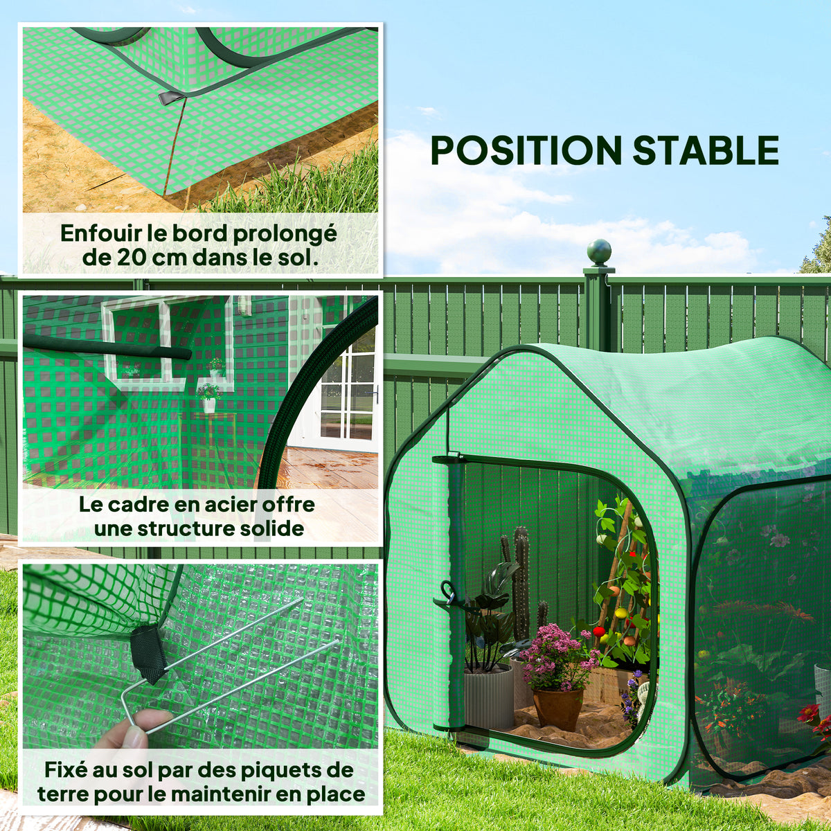 Mini serre pop-up petite serre légumes plante fleurs avec porte à fermeture éclair en PE 150 x 148 x 148 cm vert