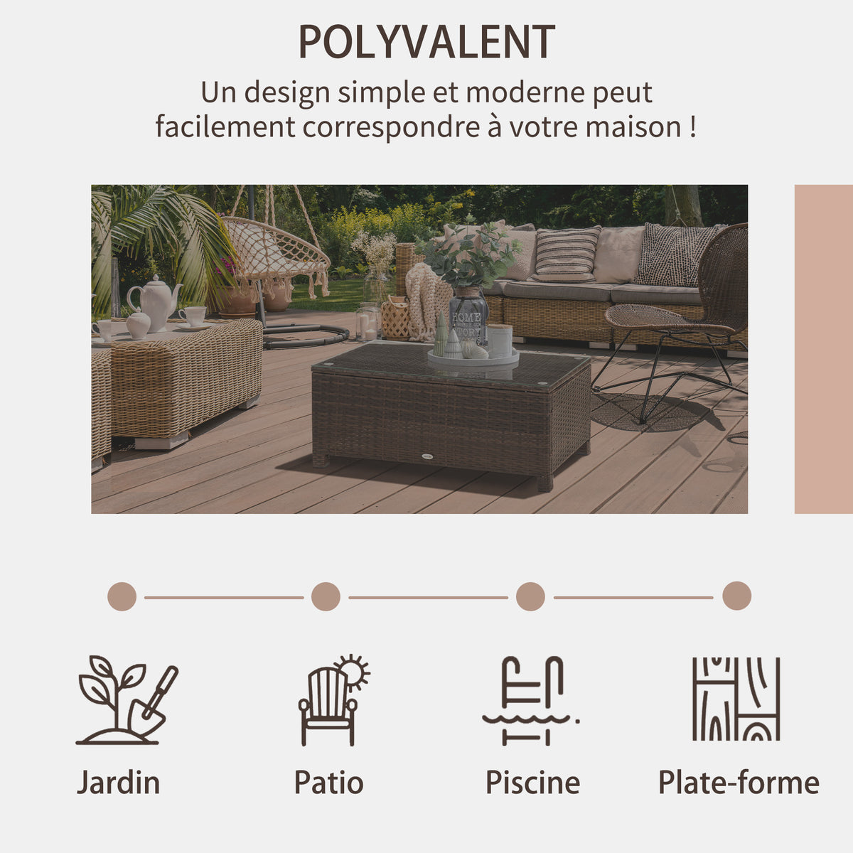 Table Basse de Jardin Plateau Verre trempé 5 mm rotin tressé 85 x 50 x 39cm Max. 50 kg Marron