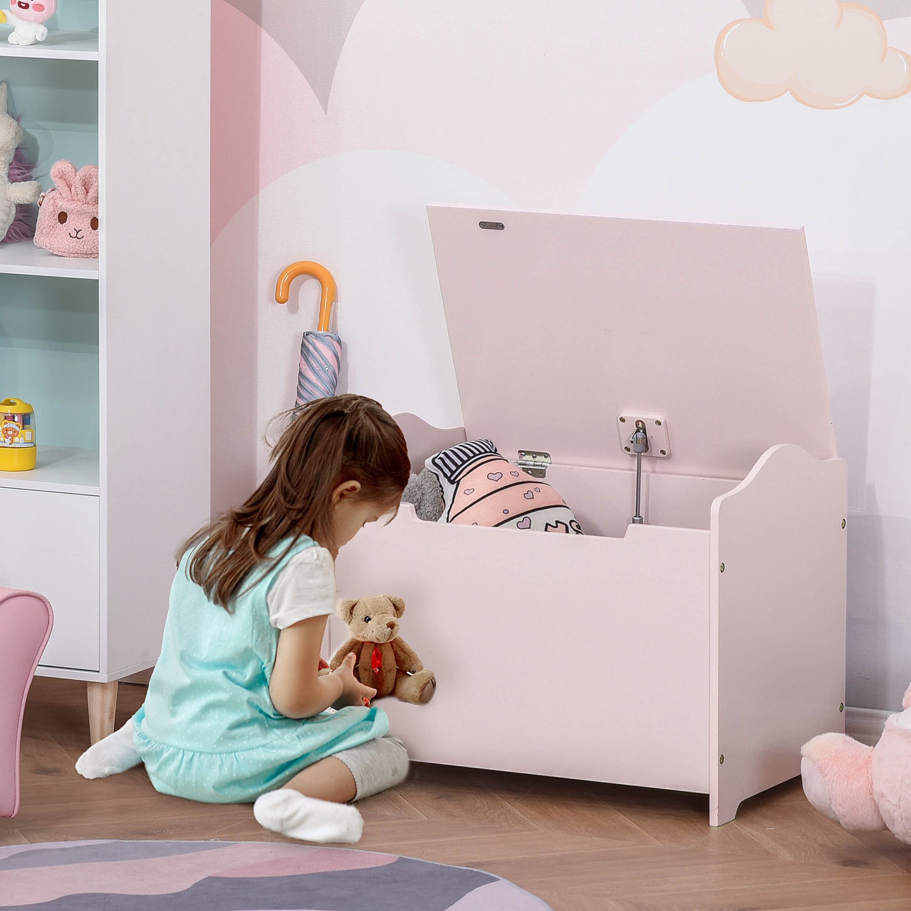 Coffres à Jouets pour Enfants Boîte à Jouets Malle de Rangement Dim. 60L x 40l x 48H cm Vérin Pneumatique MDF Rose