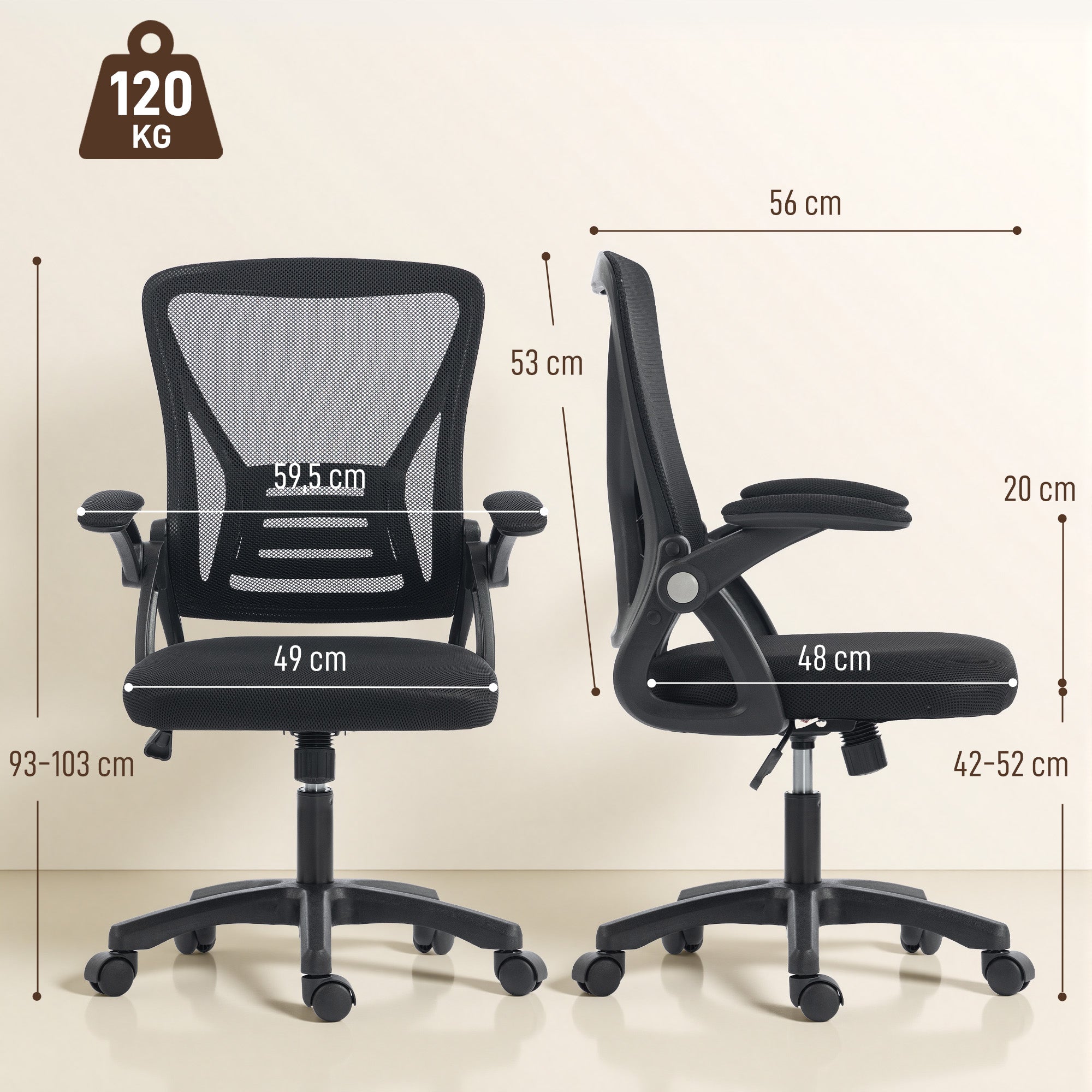Chaise bureau ergonomique, fauteuil de bureau en maille, accoudoirs relevables, hauteur réglable, 59,5x56x103cm, noir