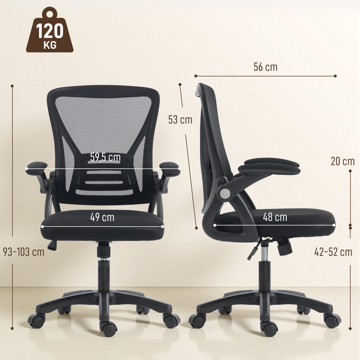 Chaise bureau ergonomique, fauteuil de bureau en maille, accoudoirs relevables, hauteur réglable, 59,5x56x103cm, noir