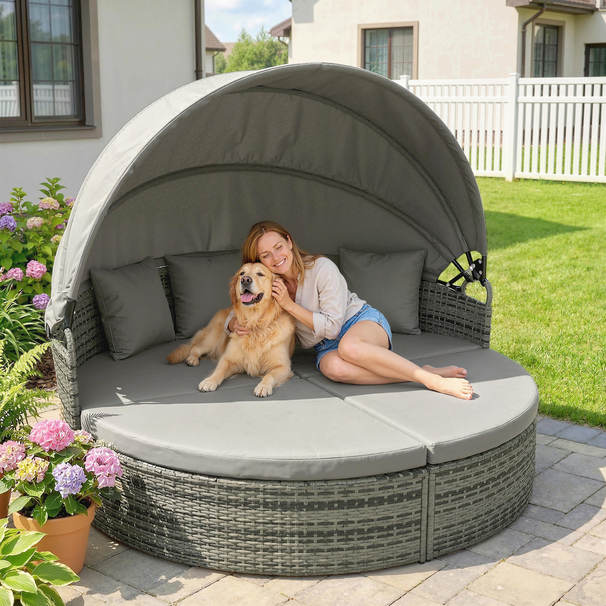Lettino prendisole rotondo, letto da giardino modulabile 3 pezzi in polyrattan con tettuccio retrattile, grigio chiaro